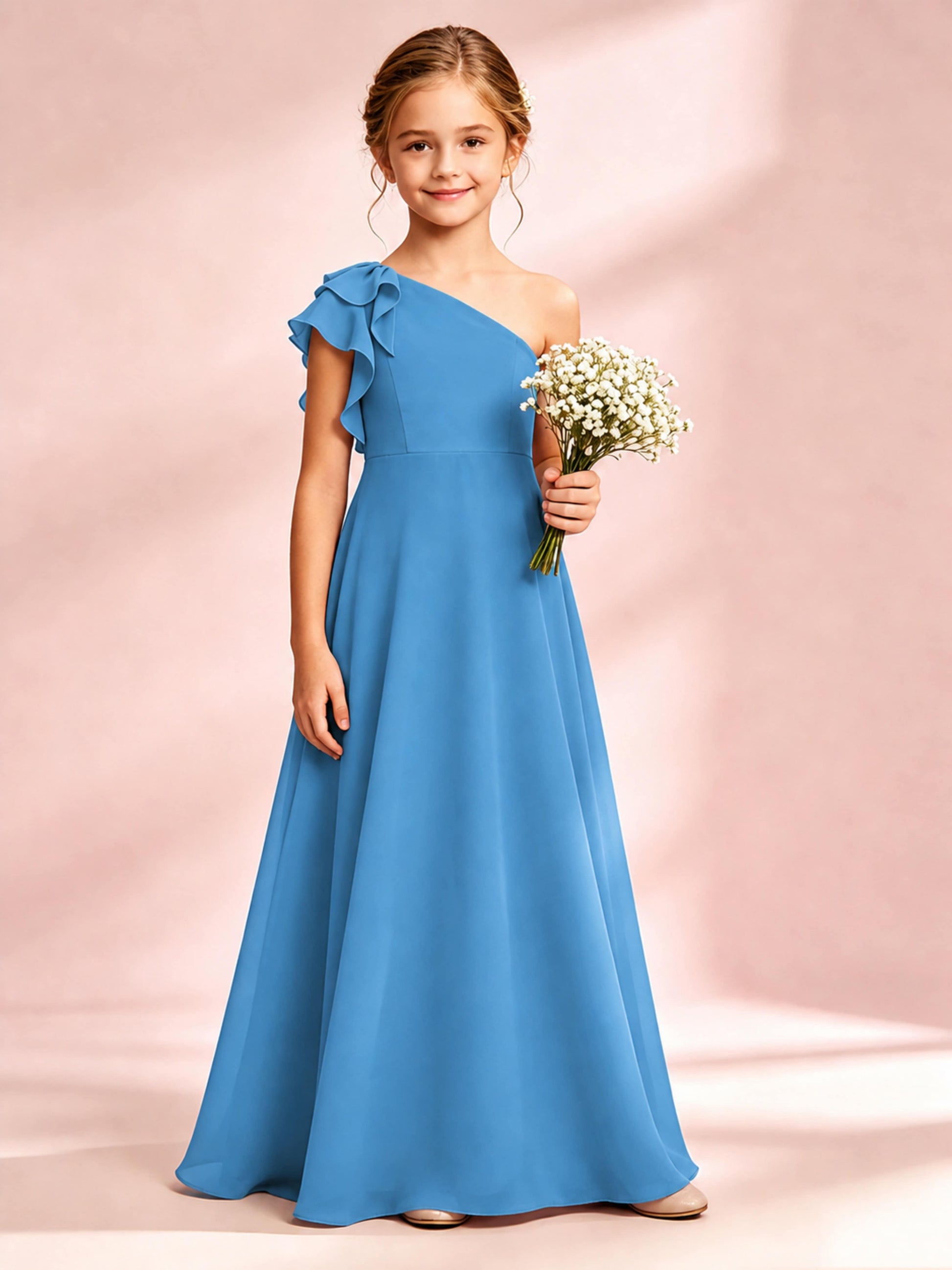 Chiffon Junior Bridesmaid Dress for Wedding One Shoulder Flower Girl Dresses