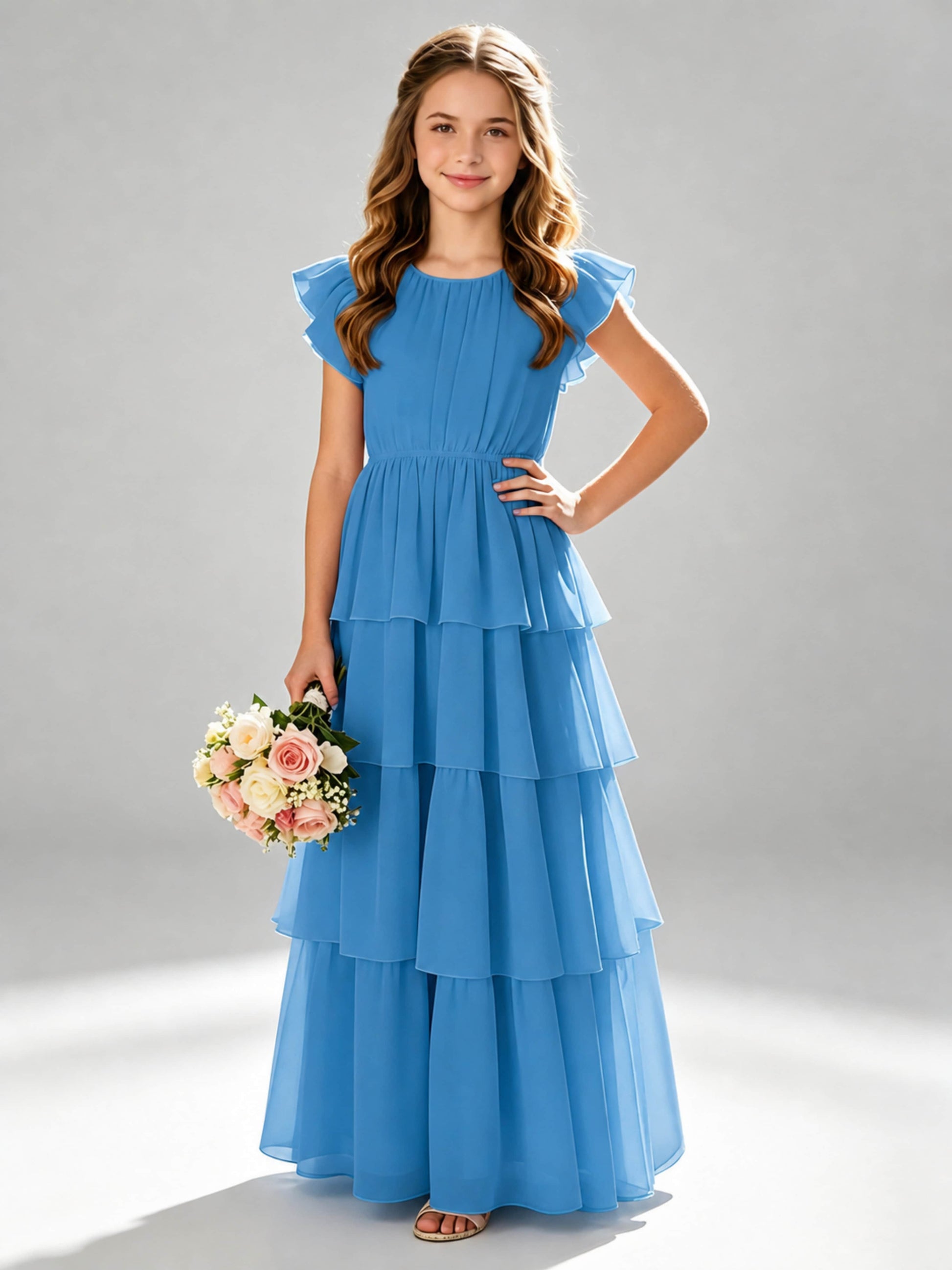 Chiffon Tiered Pleated Long Junior Bridesmaid Dresses