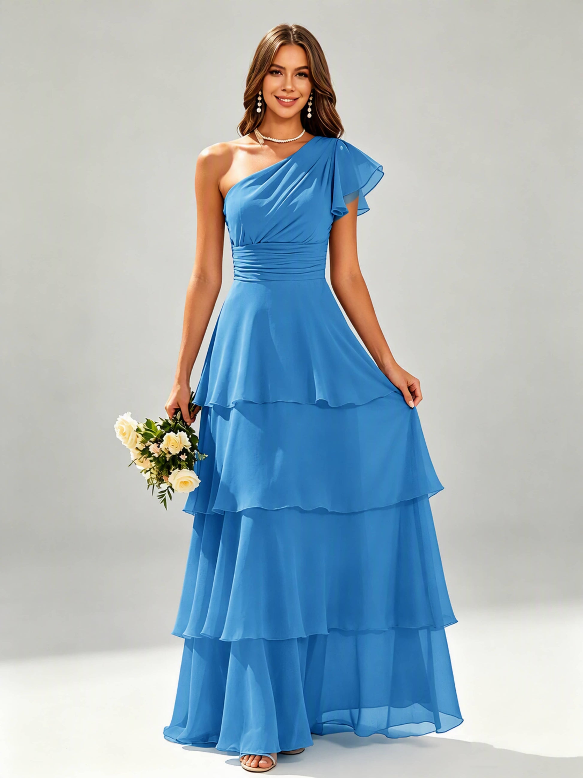 One Shoulder Ruffle Tiered Chiffon Bridesmaid Dress for Wedding