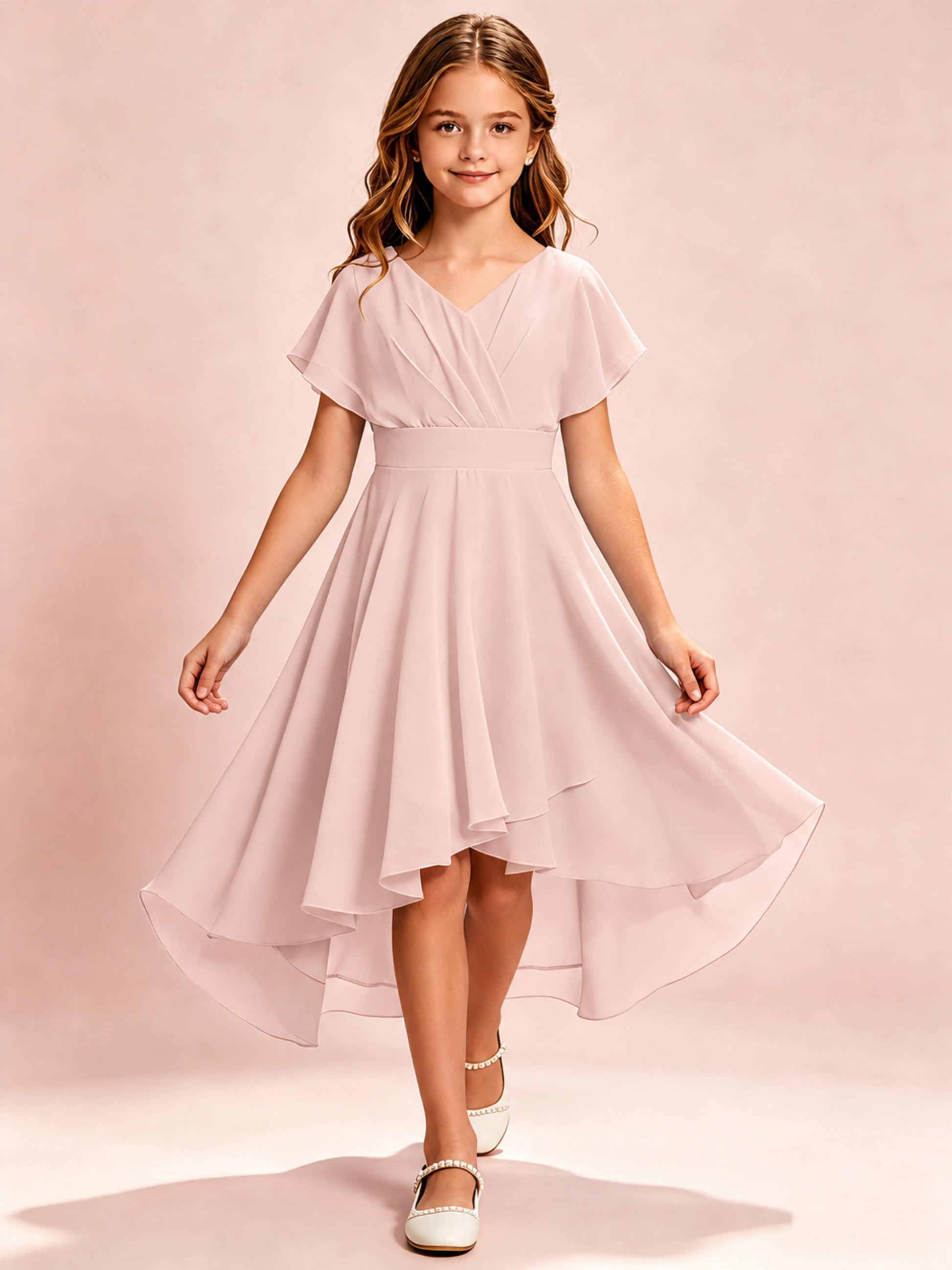 Chiffon High Low Cap Sleeve Junior Bridesmaid Dress for Wedding