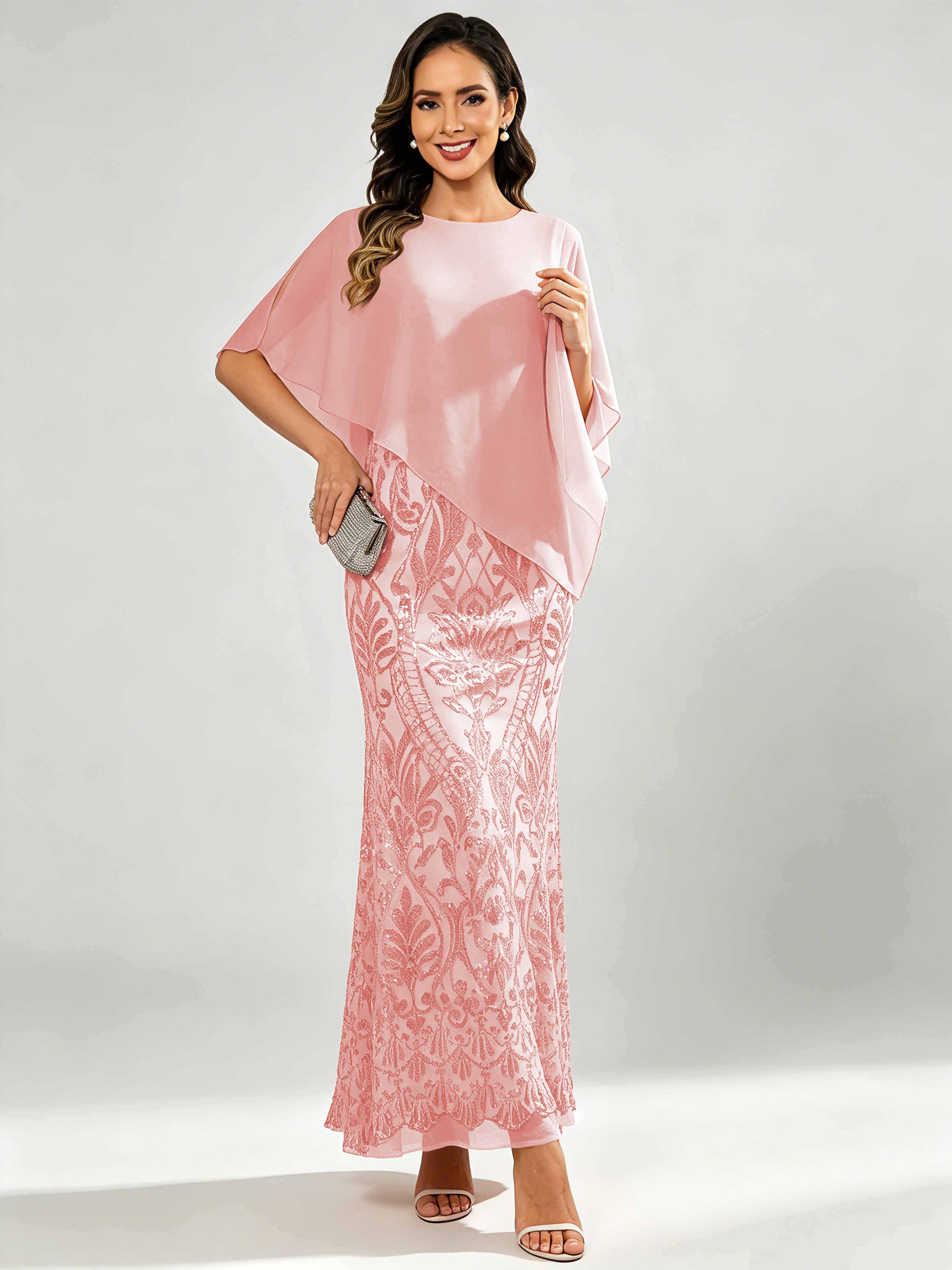 Mermaid Sequin Mother of The Bride Dress with Chiffon Cape