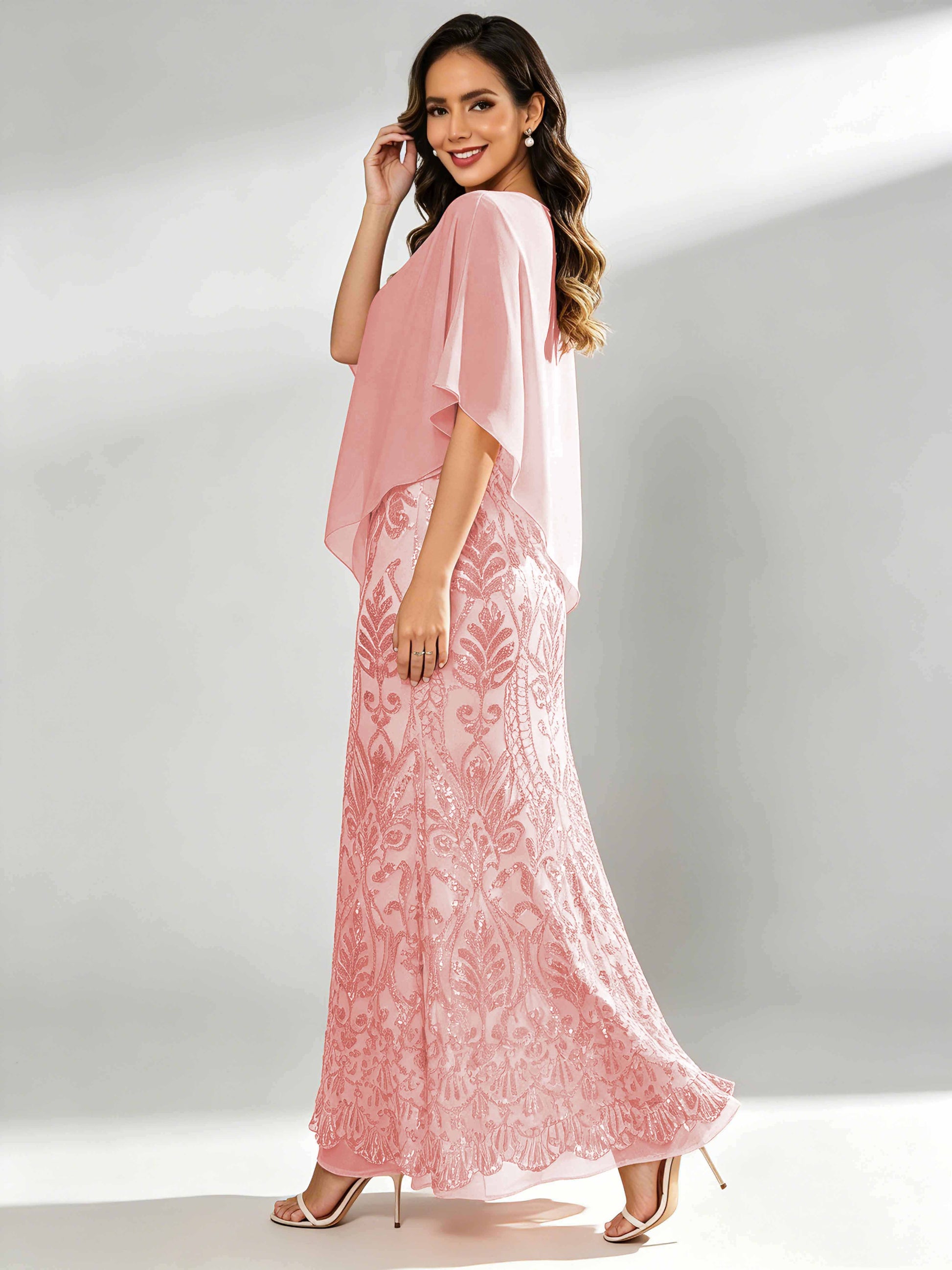 Mermaid Sequin Mother of The Bride Dress with Chiffon Cape