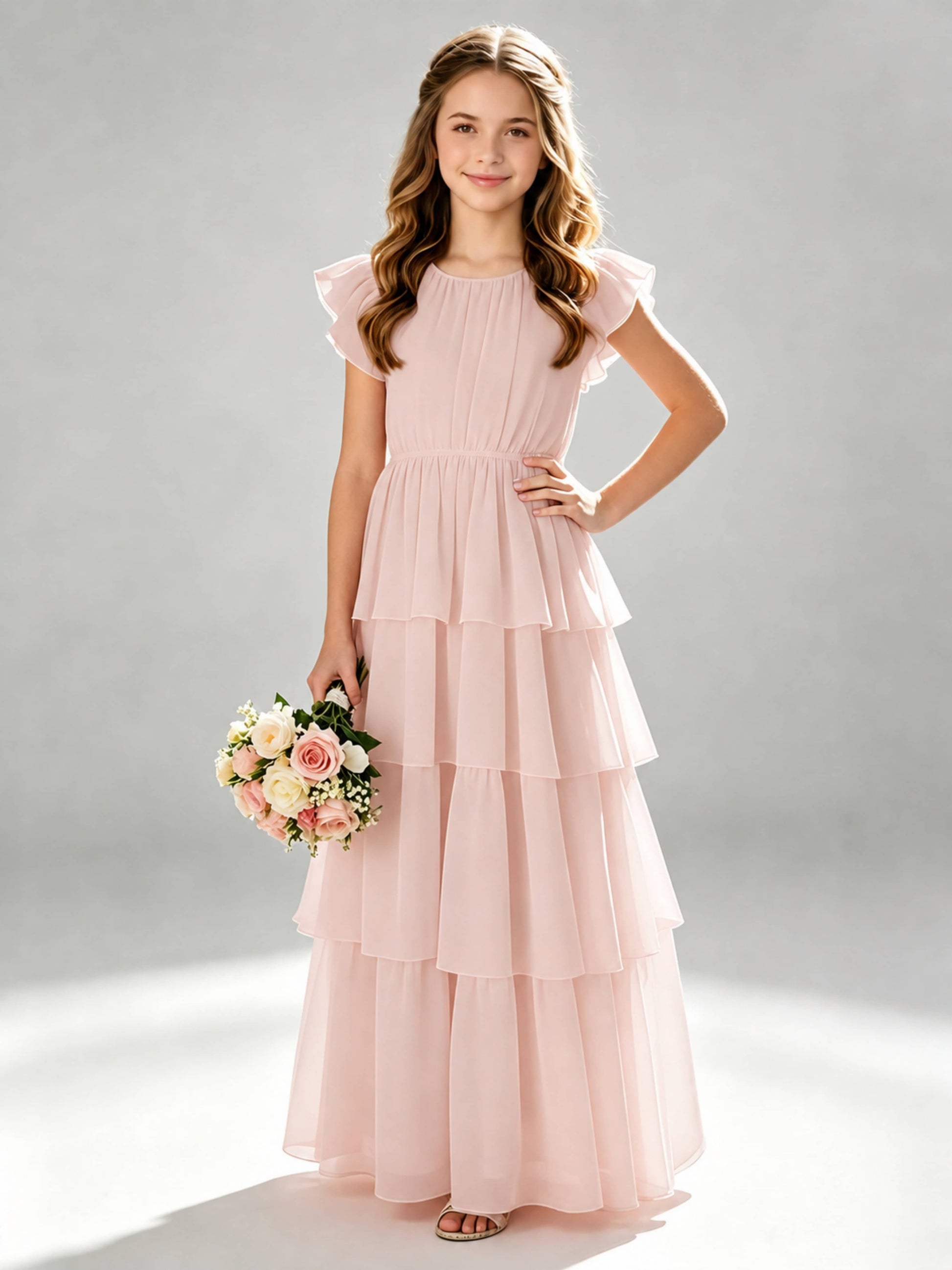 Chiffon Tiered Pleated Long Junior Bridesmaid Dresses