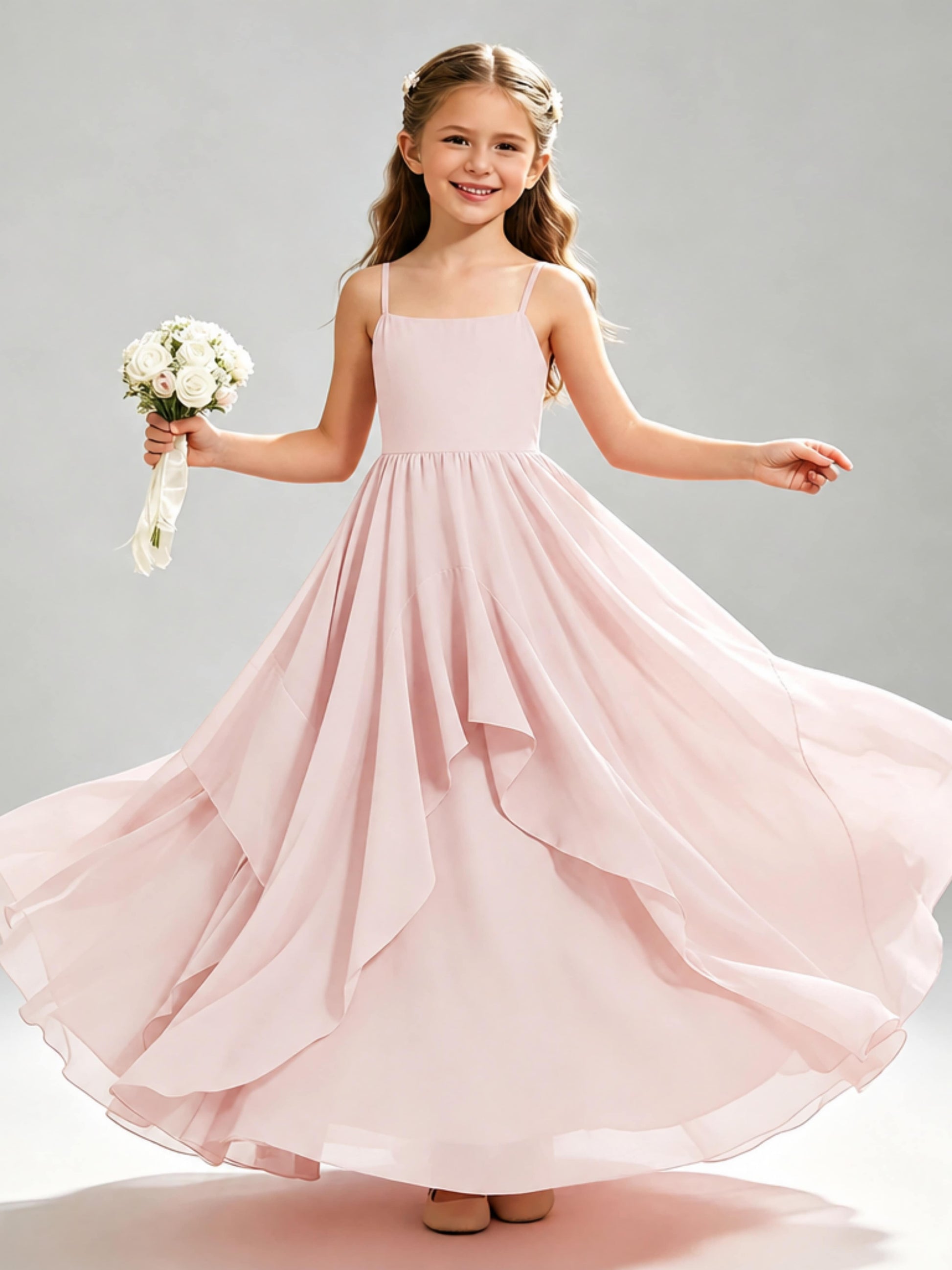 A-Line Spaghetti Straps Ruffle Junior Bridesmaid Dresses