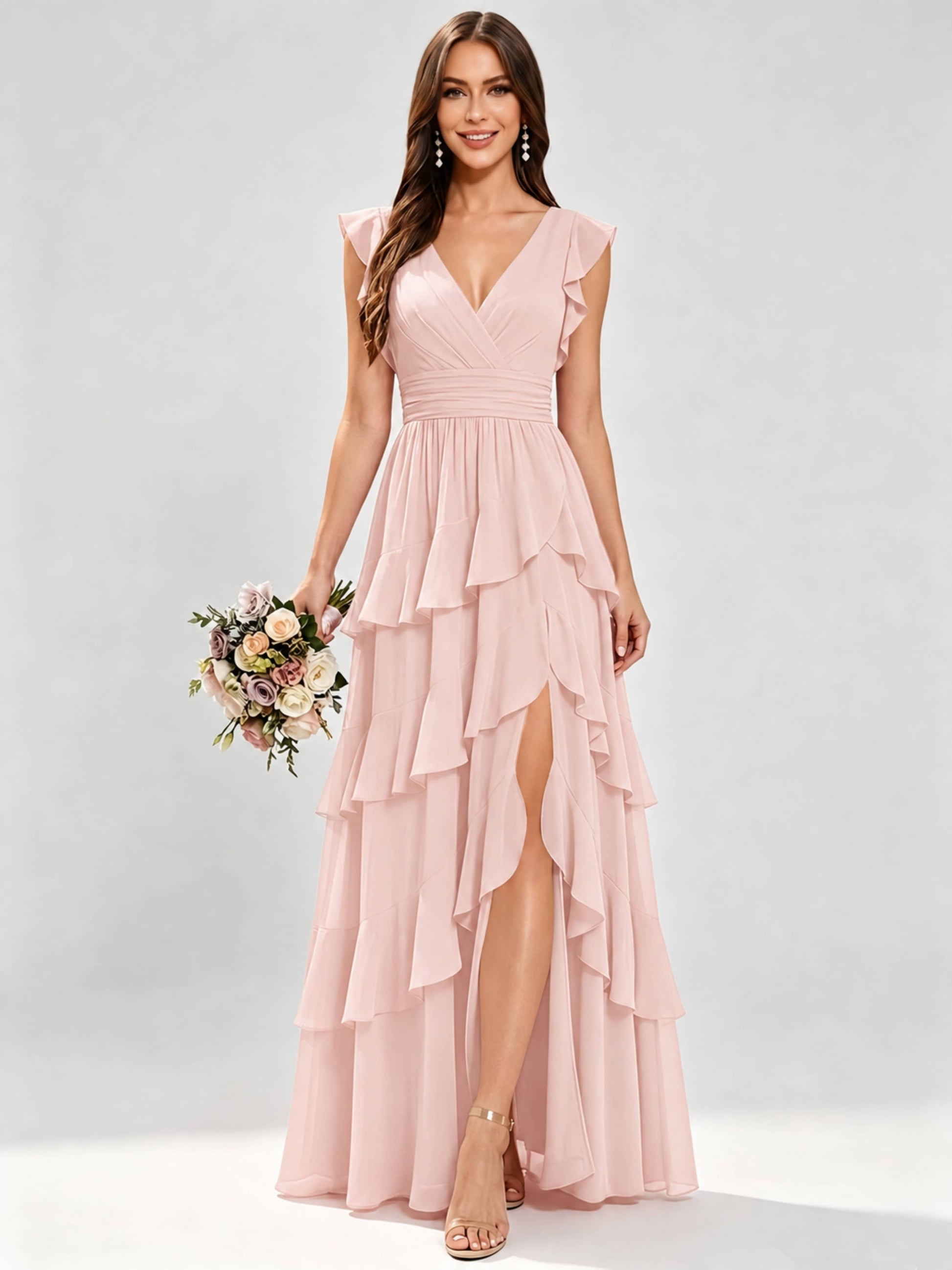 Ruffle Sleeve Tiered Chiffon Bridesmaid Dresses for Wedding with Slit