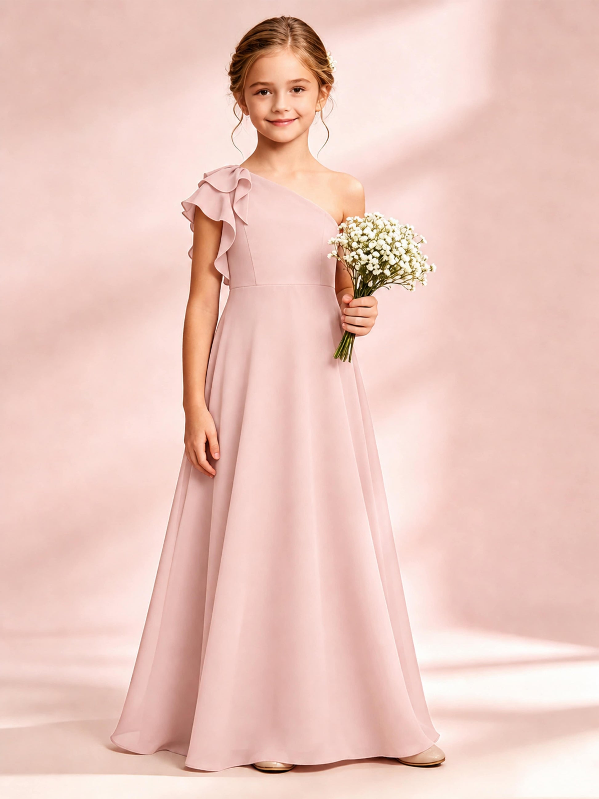 Chiffon Junior Bridesmaid Dress for Wedding One Shoulder Flower Girl Dresses