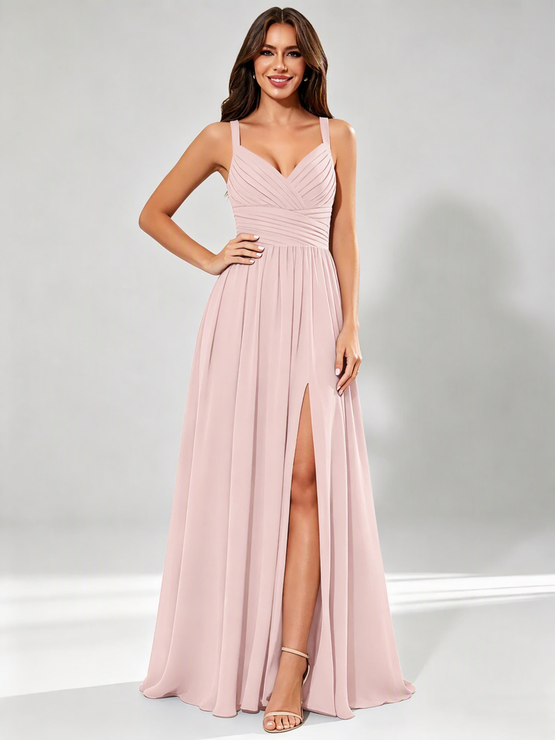 Spaghetti Straps Chiffon Ruched Bust Pleated Bridesmaid Dress for Wedding