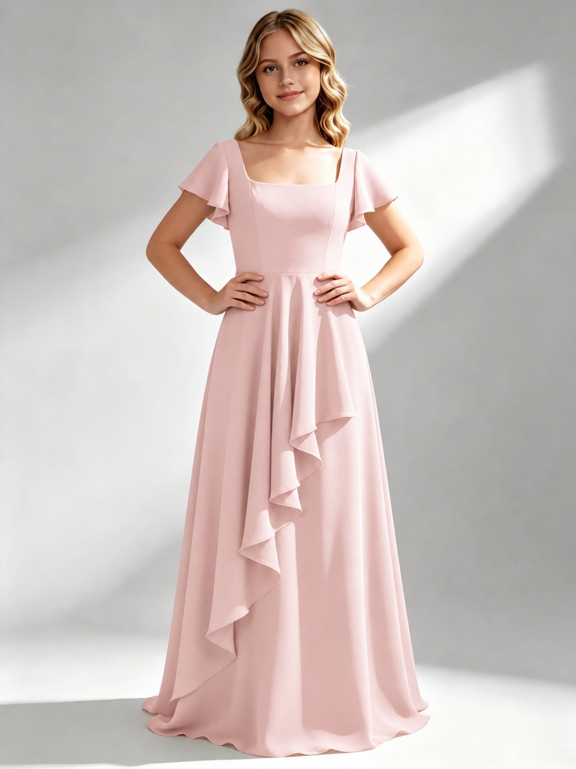 A-Line Square Neck Ruffle Junior Bridesmaid Dresses