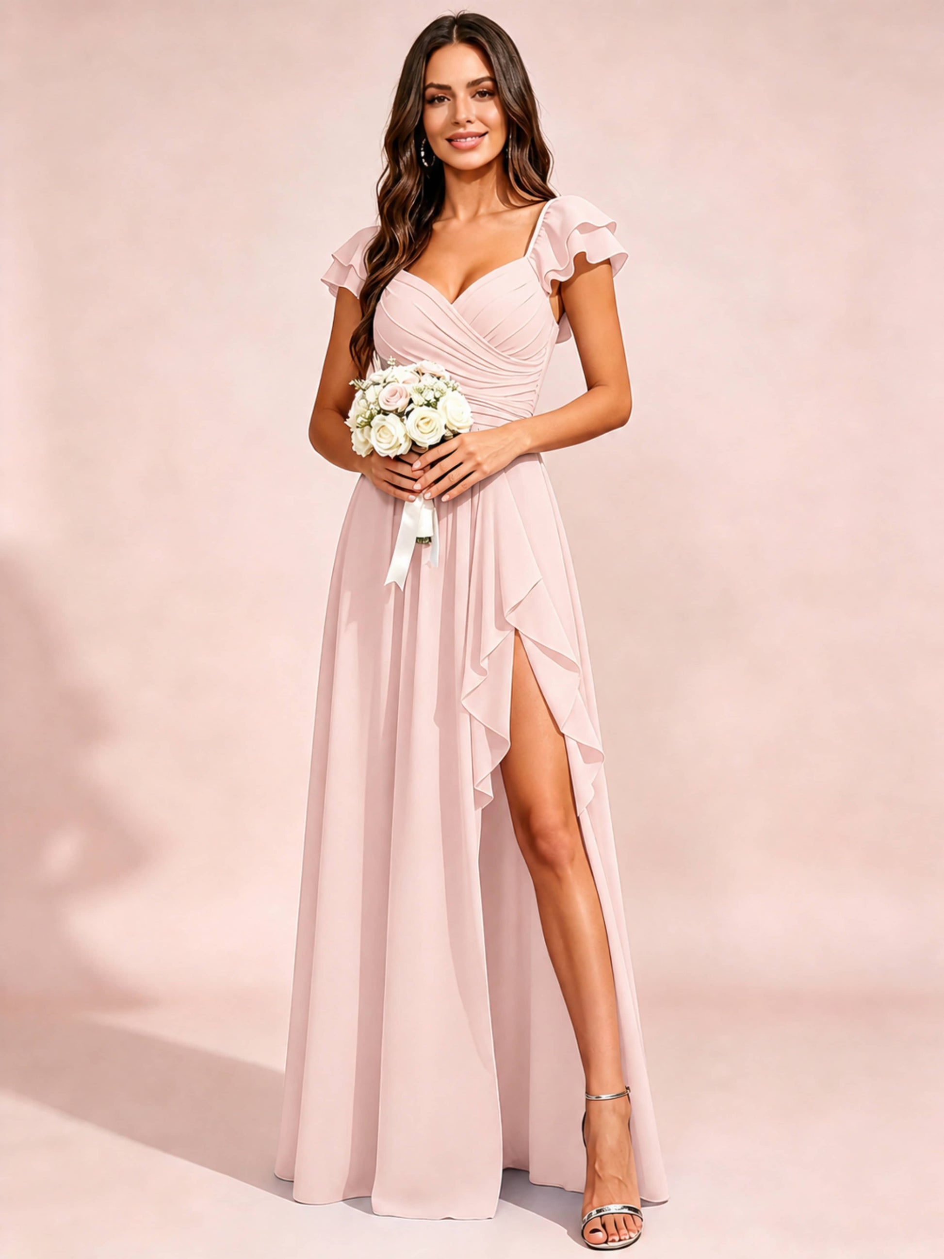 Chiffon Sweetheart Neck Ruched Bust Bridesmaid Dresses with Ruffle Slit