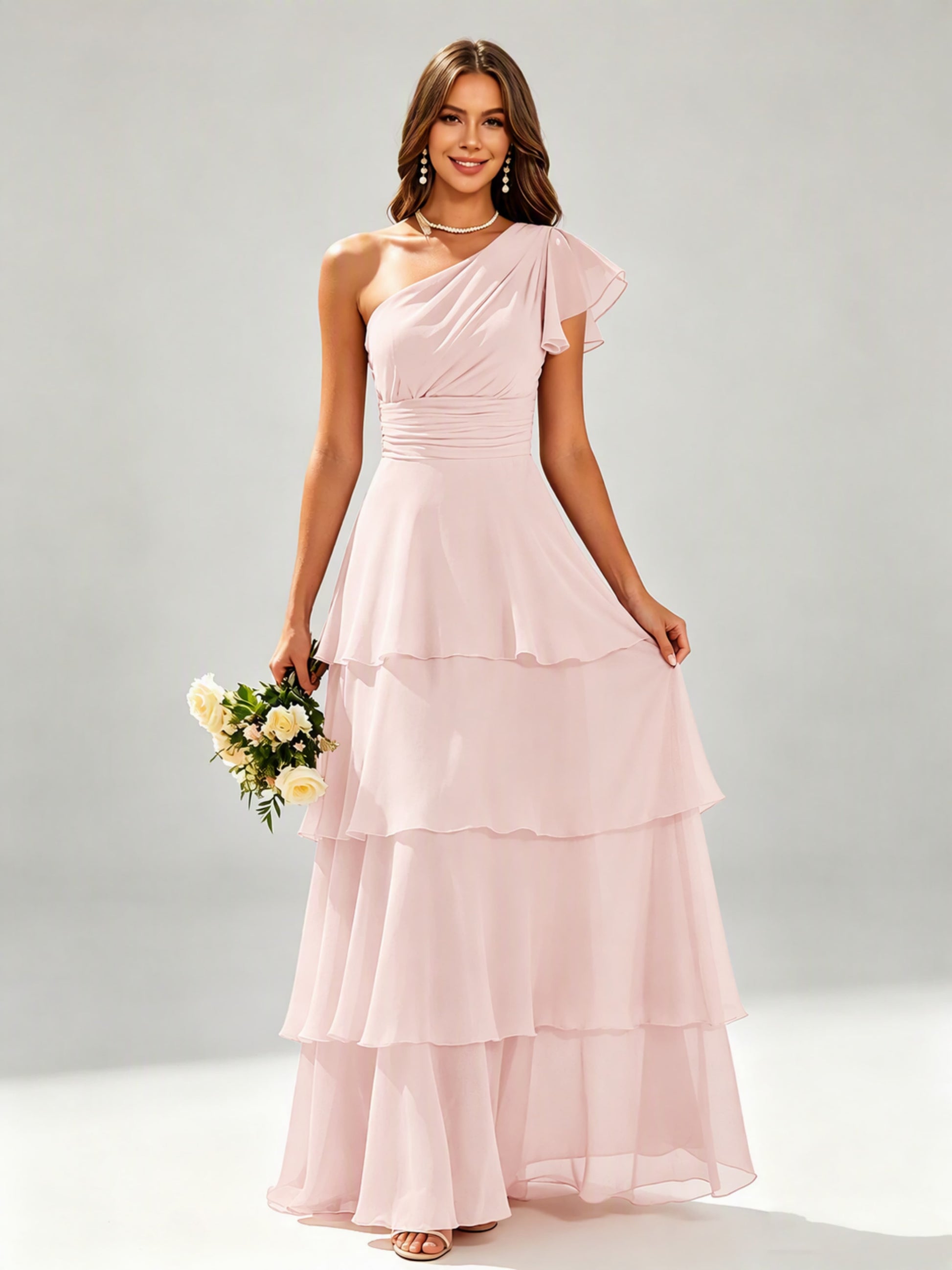 One Shoulder Ruffle Tiered Chiffon Bridesmaid Dress for Wedding