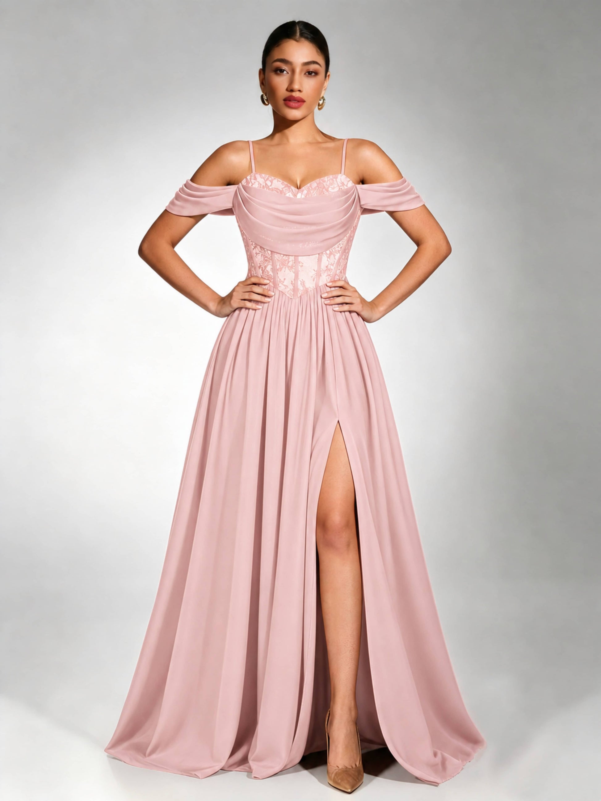 Off Shoulder Chiffon Lace Prom Dress for Teens