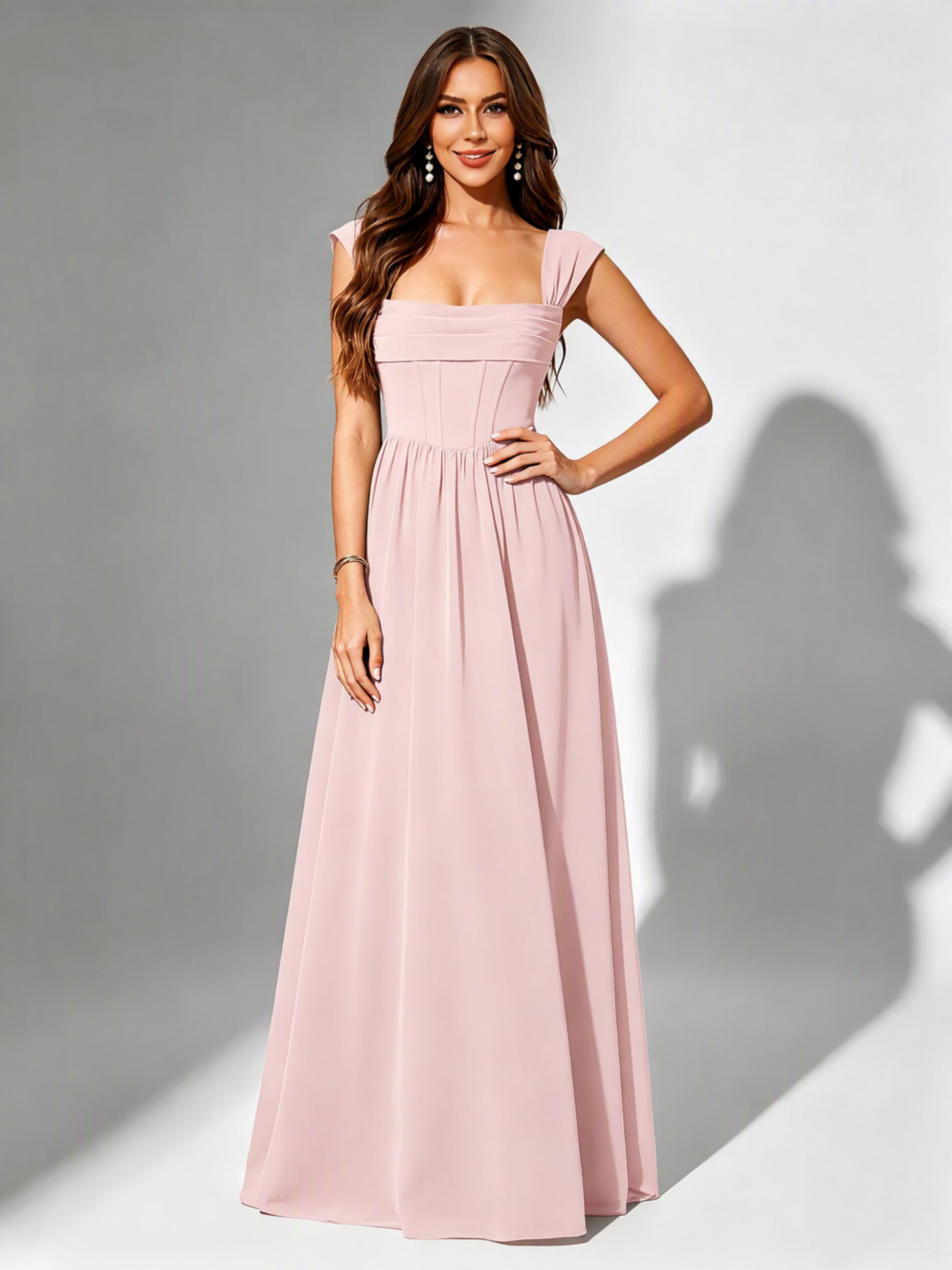 Square Neck Chiffon Bridesmaid Dress Corset Formal Gown
