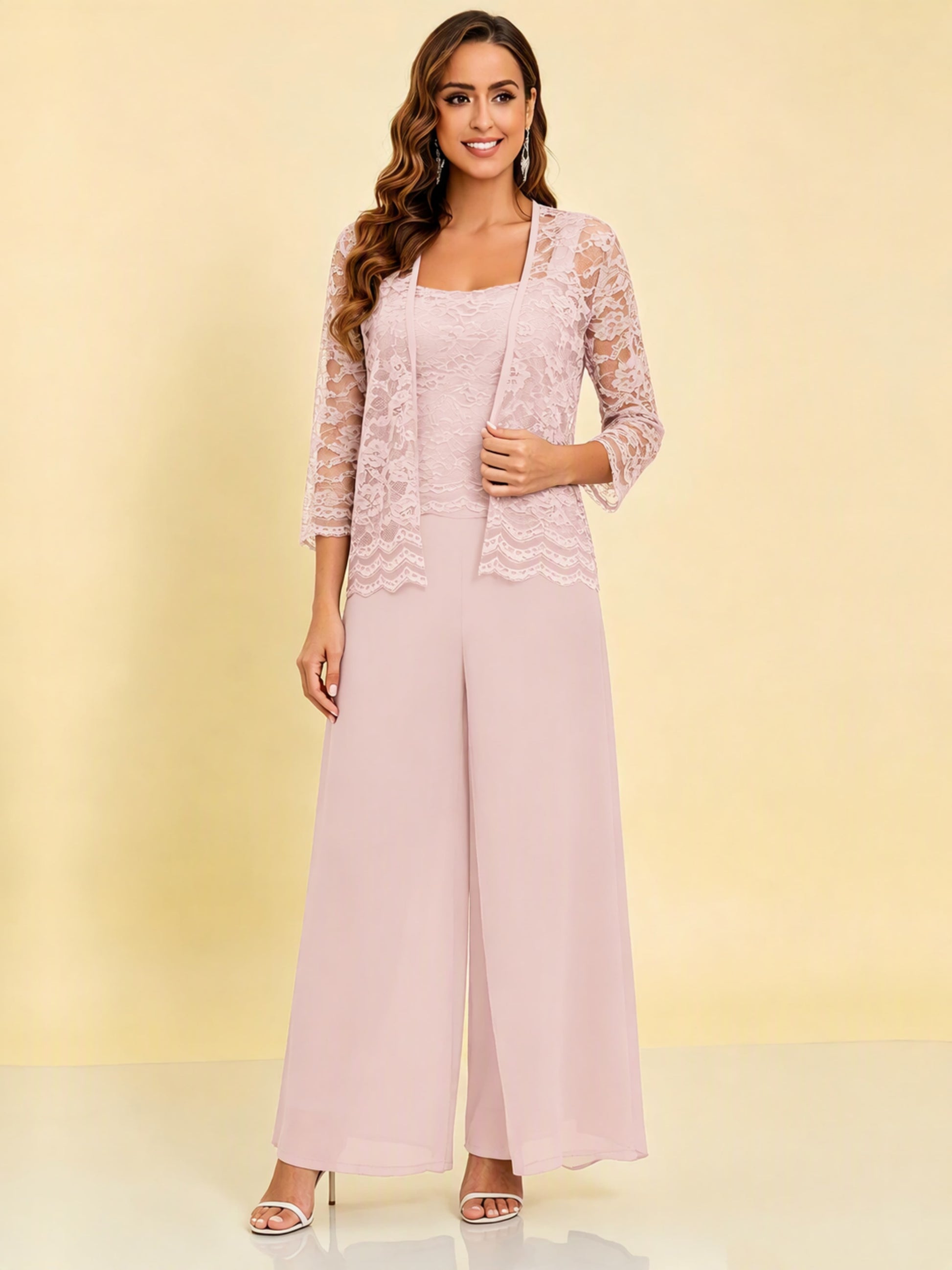 Chiffon Lace Flowy 3 Pieces Mother of The Bride Pant Suits Women Wedding