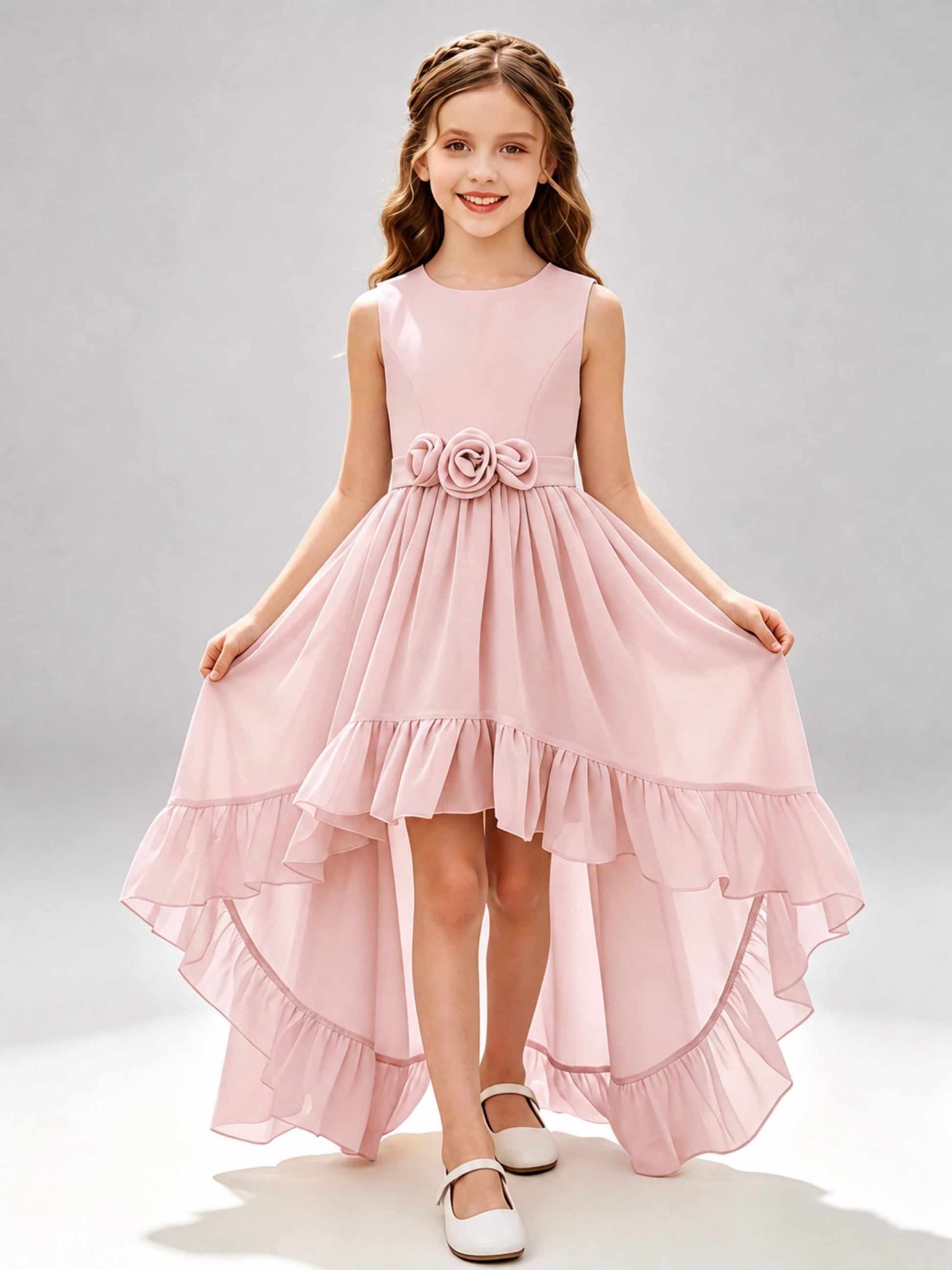 Chiffon 3D Flower High Low Junior Bridesmaid Dresses