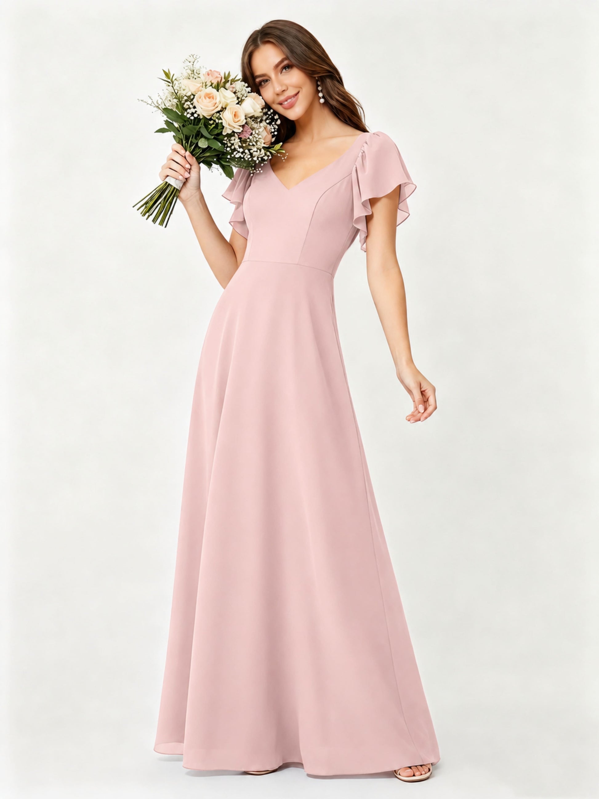 Ruffle Sleeve Chiffon Bridesmaid Dresses for Women Wedding