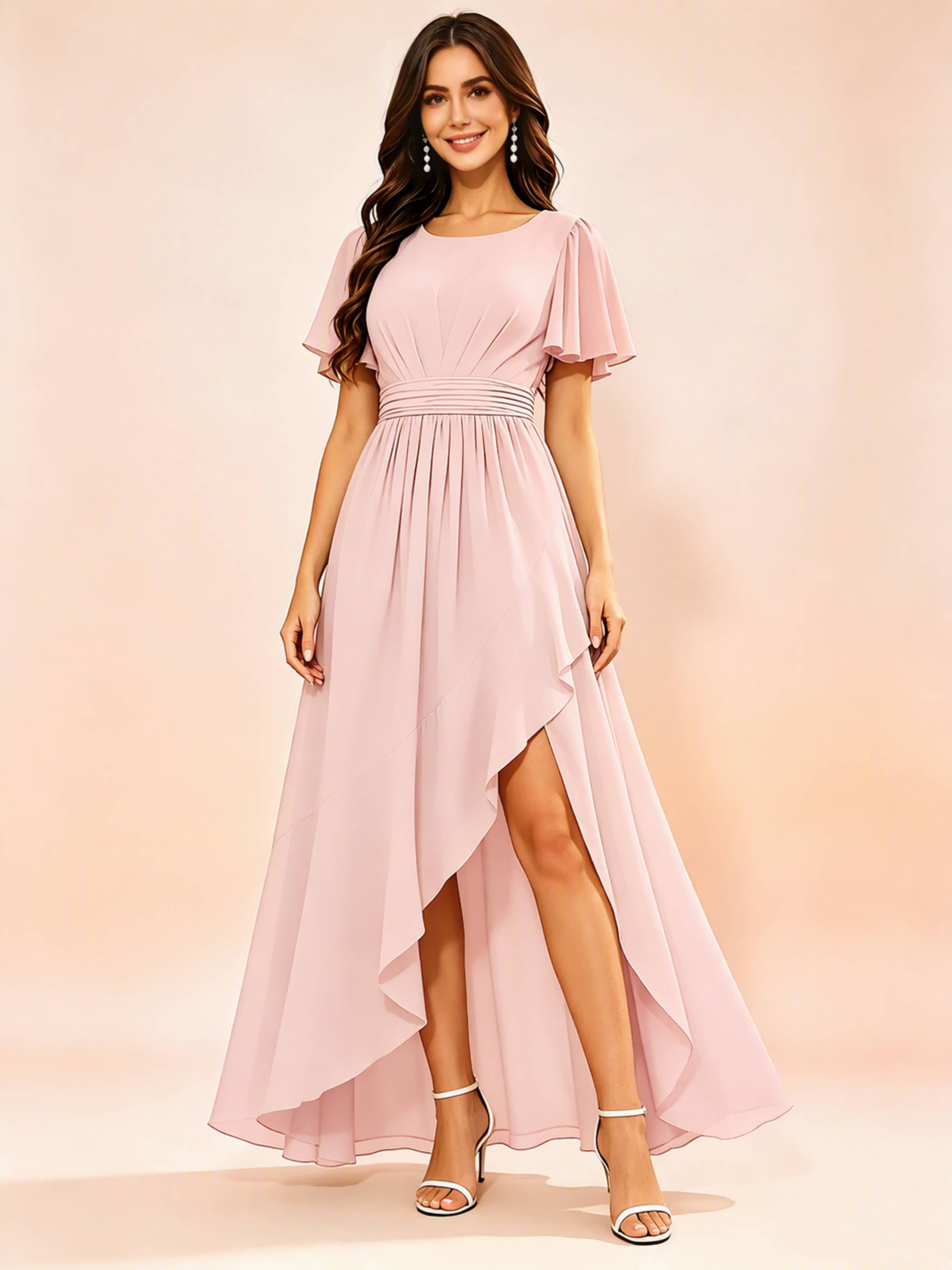 Chiffon High Low Round Neck Bridesmaid / Wedding Guest Dresses