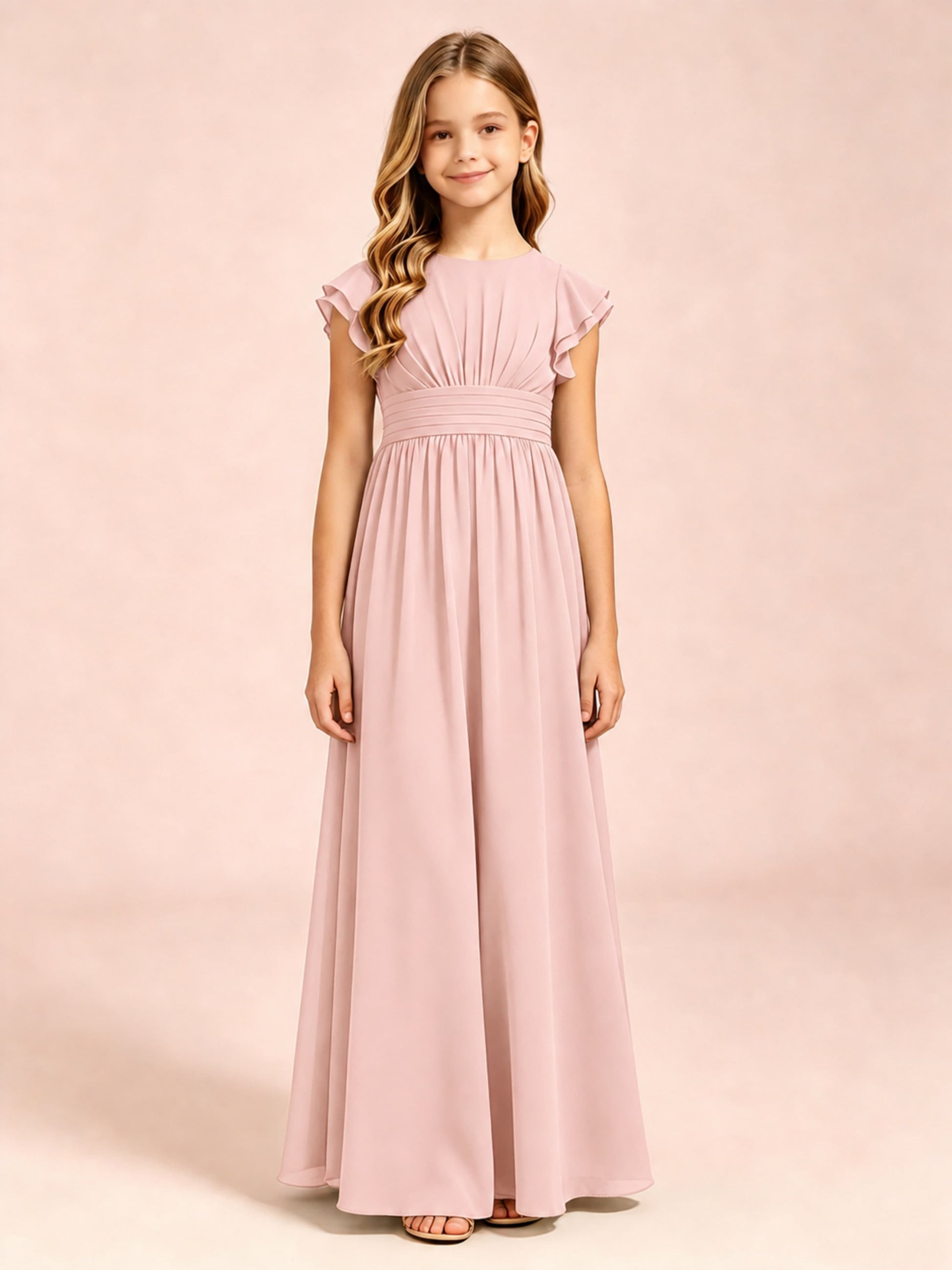 Chiffon Ruffle Cap Sleeve Junior Bridesmaid Dress for Wedding