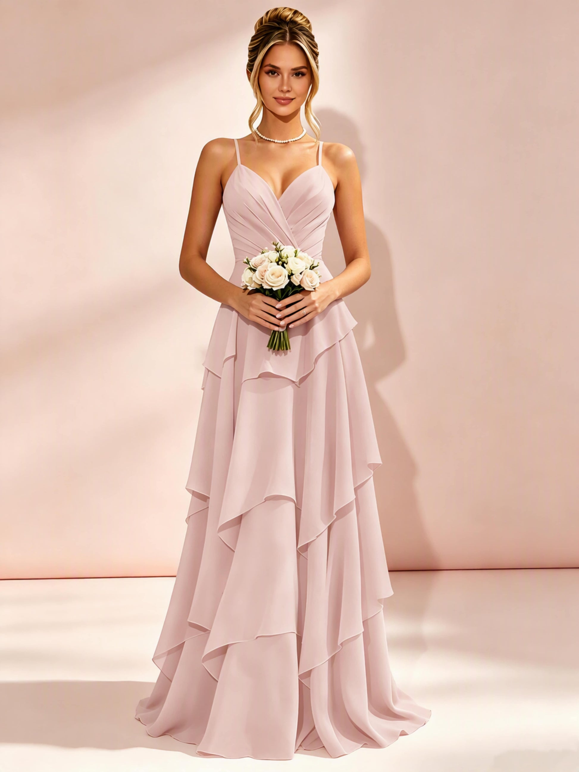 Spaghetti Straps Ruffle Tiered Chiffon Bridesmaid Dress for Wedding