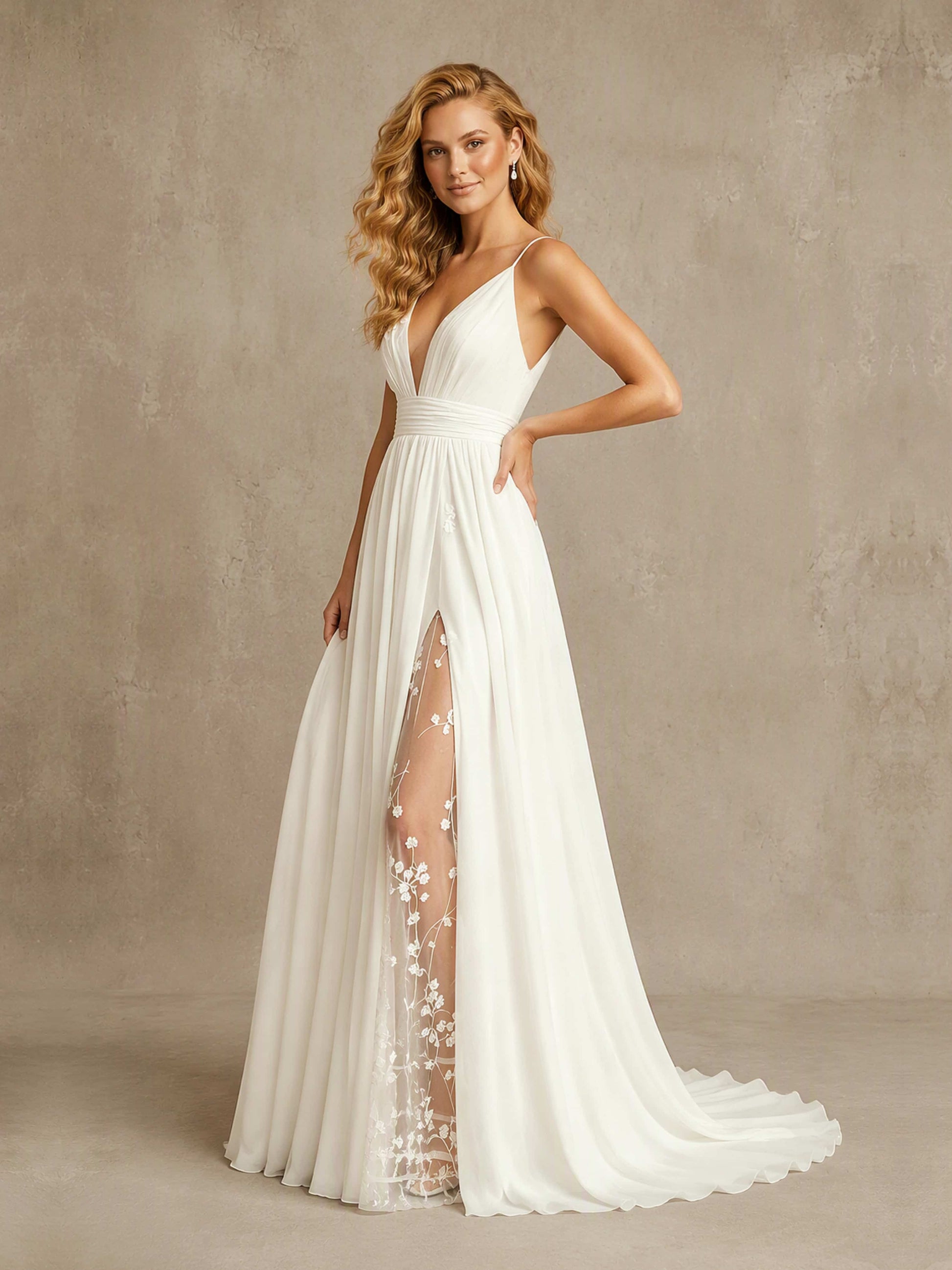 V Neck Spaghetti Straps Chiffon Floral Embroidery Wedding Dress