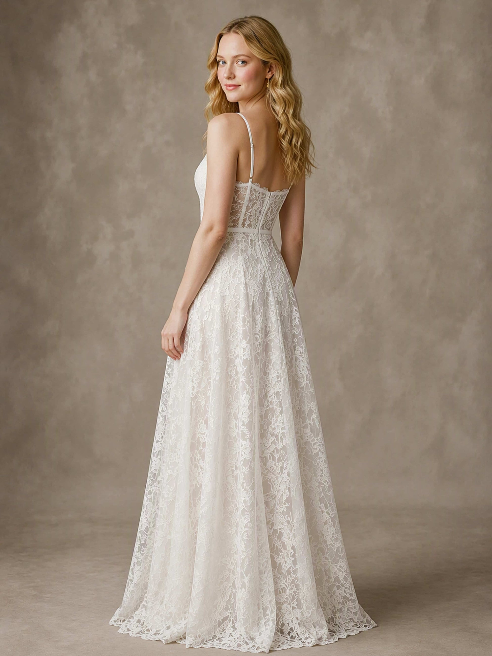 Floor Length Spaghetti Straps Lace Boho Wedding Dress
