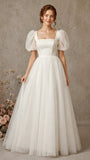 Square Neck Puff Sleeve Womens Wedding Dress Satin Tulle Evening Gown
