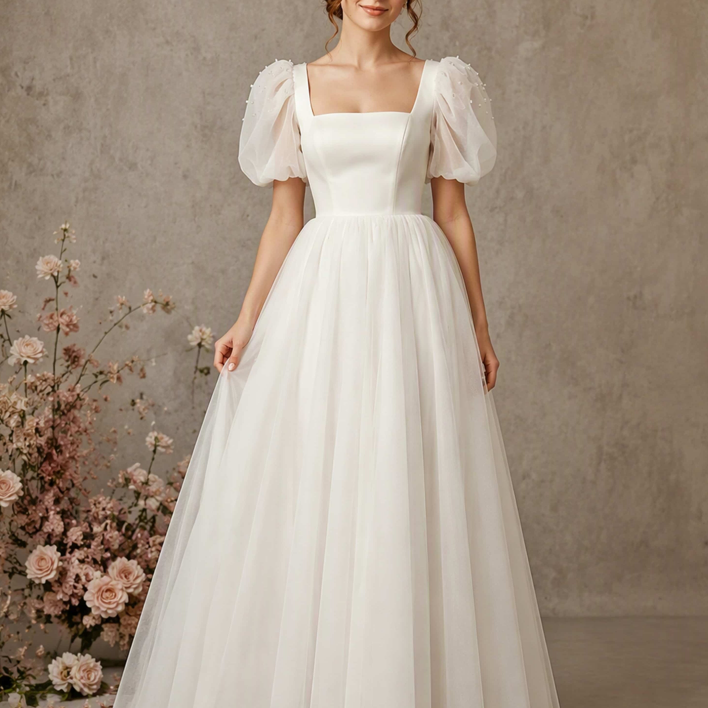 Square Neck Puff Sleeve Womens Wedding Dress Satin Tulle Evening Gown