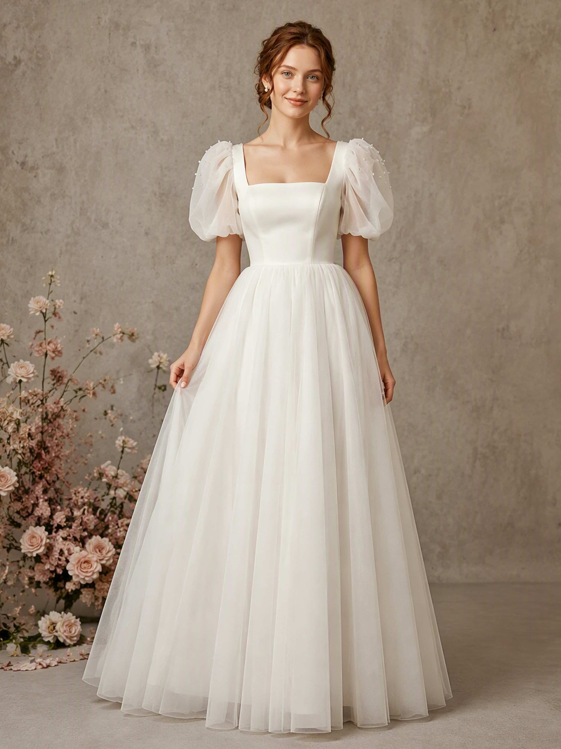 Square Neck Puff Sleeve Womens Wedding Dress Satin Tulle Evening Gown