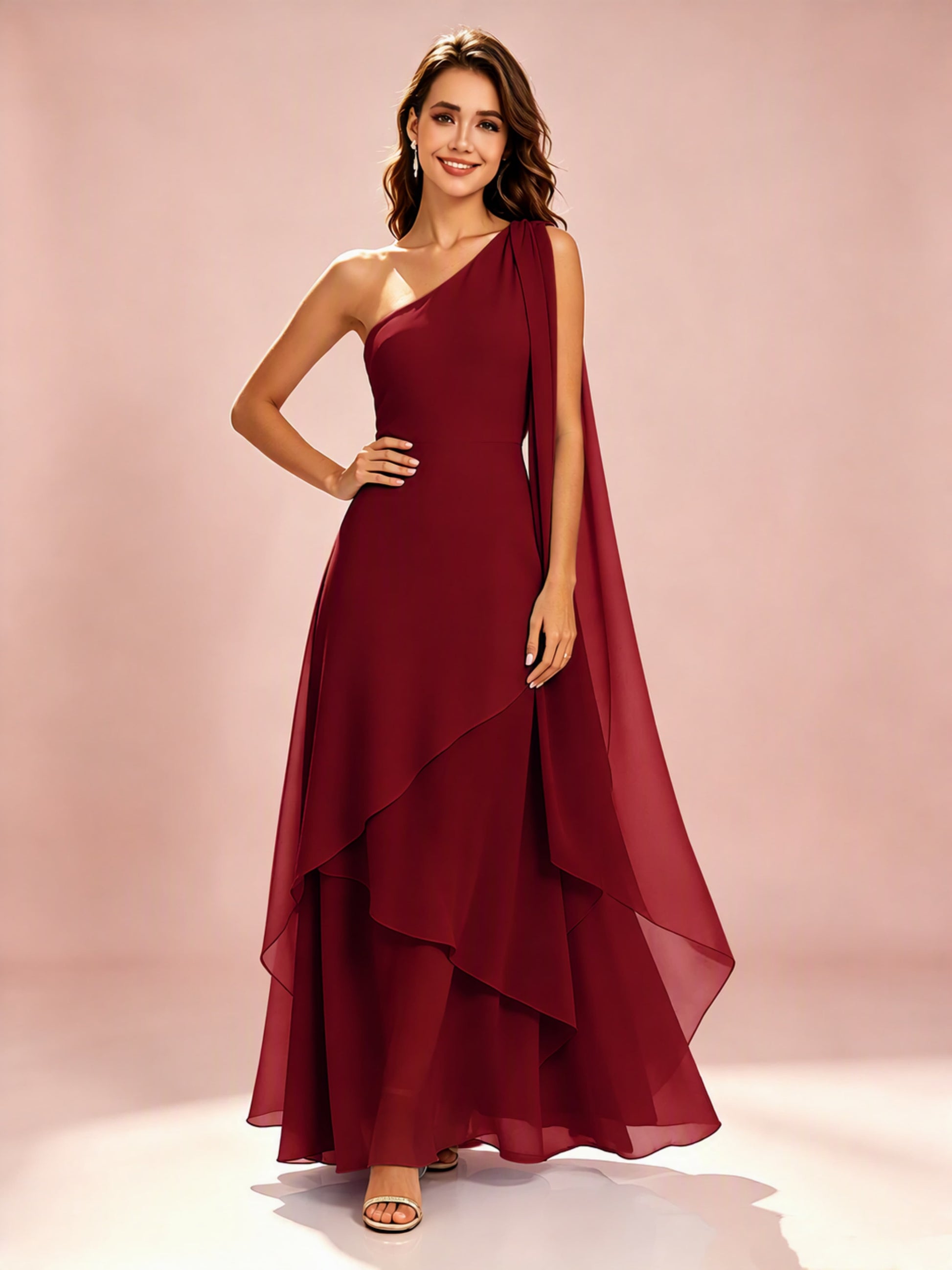 One Shoulder Chiffon Tiered Layered Bridesmaid Dresses for Wedding
