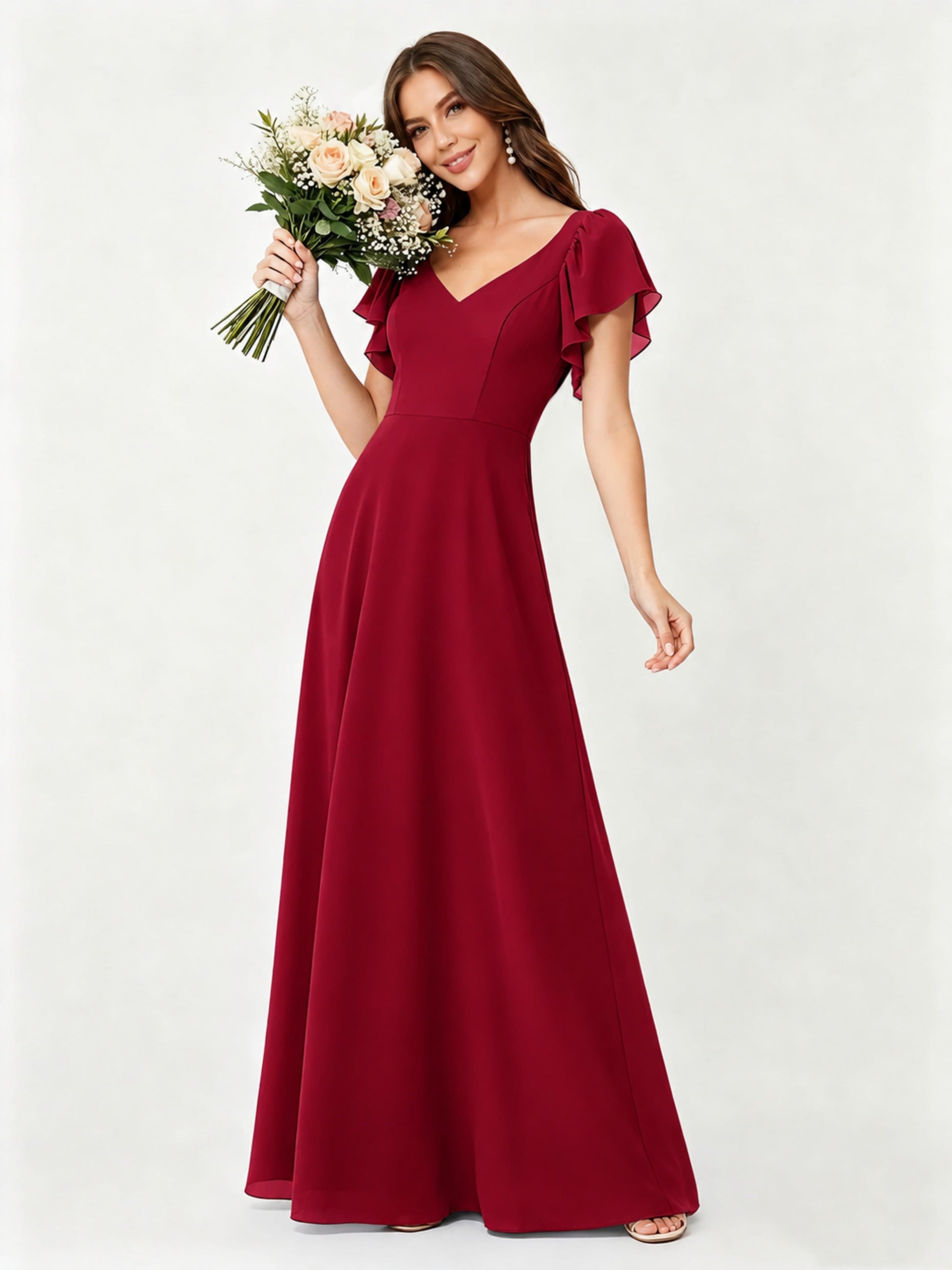 Ruffle Sleeve Chiffon Bridesmaid Dresses for Women Wedding