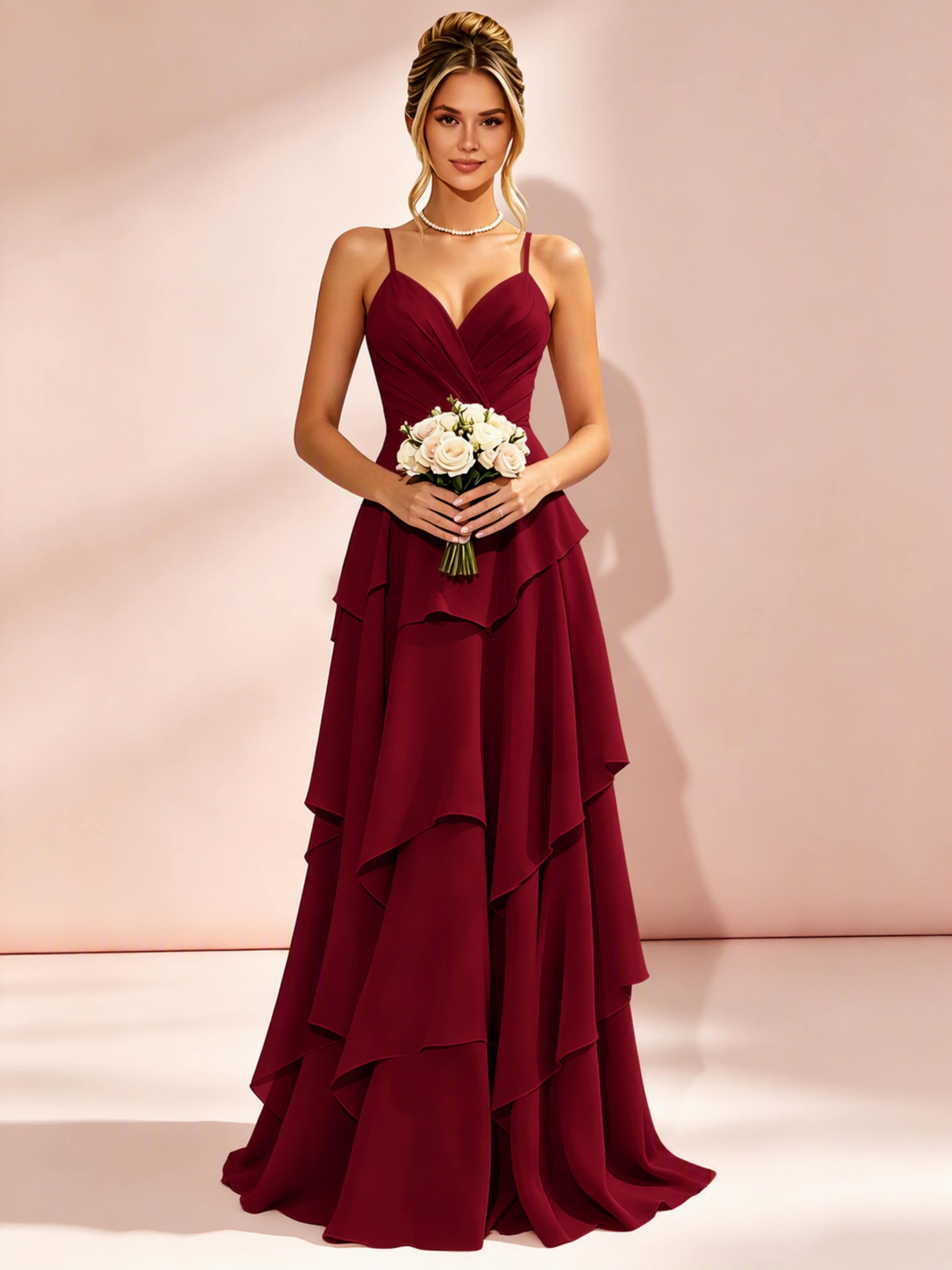Spaghetti Straps Ruffle Tiered Chiffon Bridesmaid Dress for Wedding
