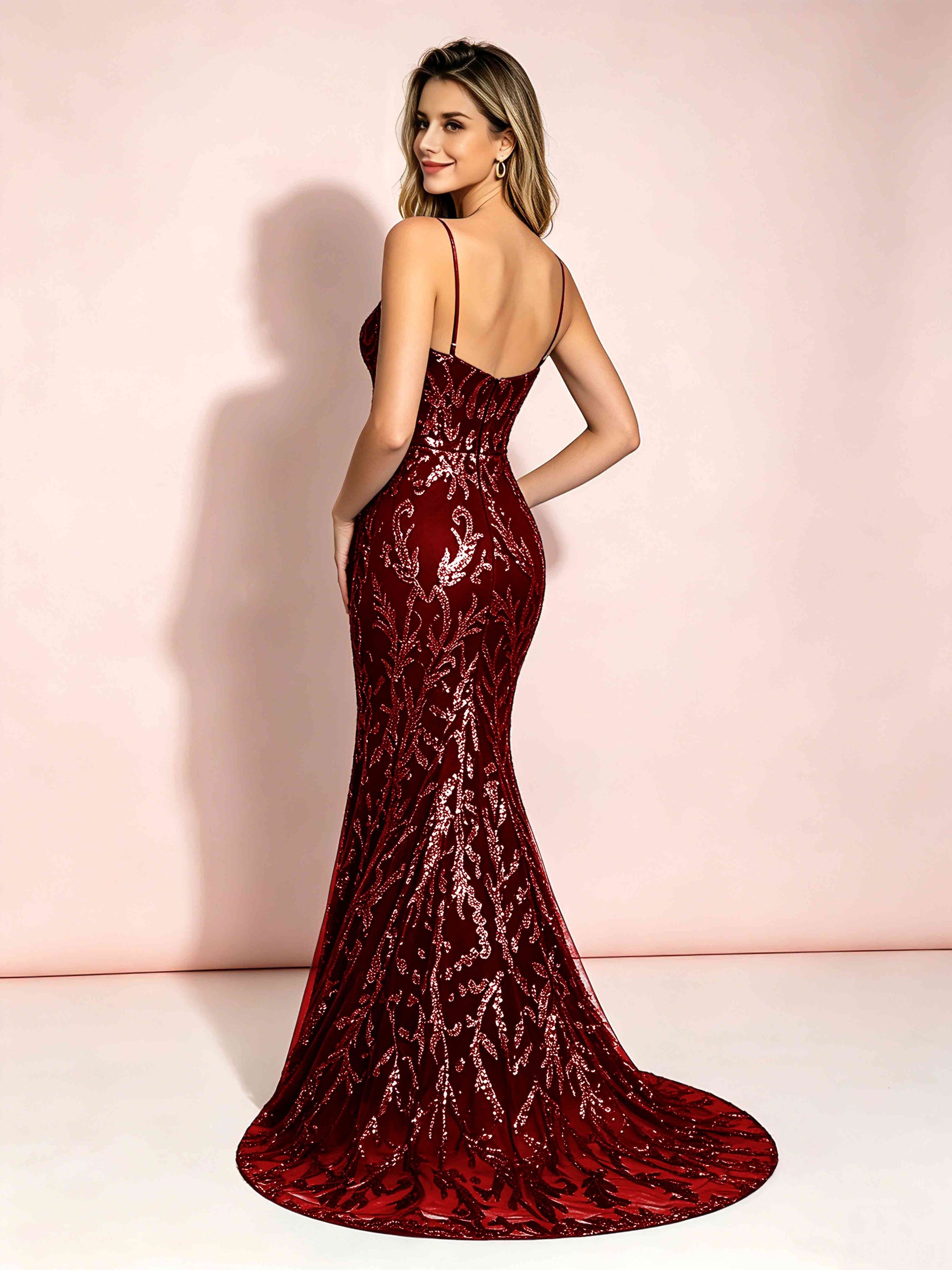 Mermaid V-Neck Sweep Train Sequin Sparkly Prom Dresses with Slit