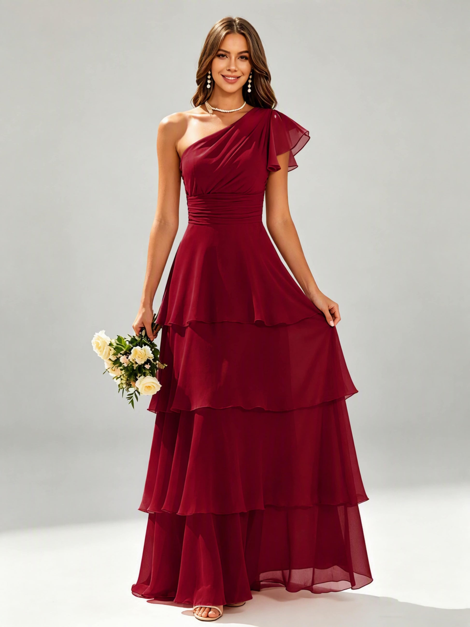 One Shoulder Ruffle Tiered Chiffon Bridesmaid Dress for Wedding
