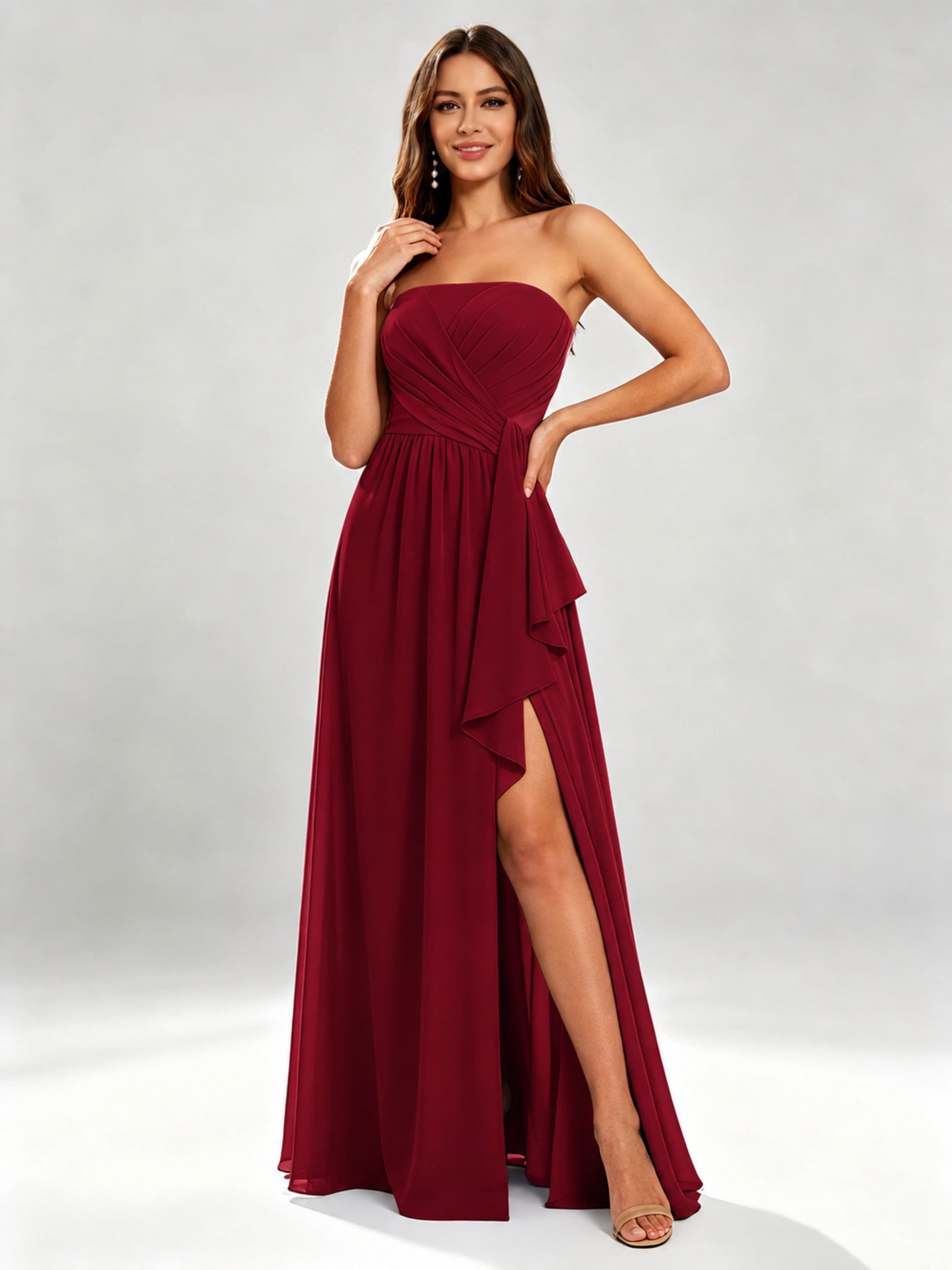 Chiffon Strapless Women's Bridesmaid Dresses with Slit