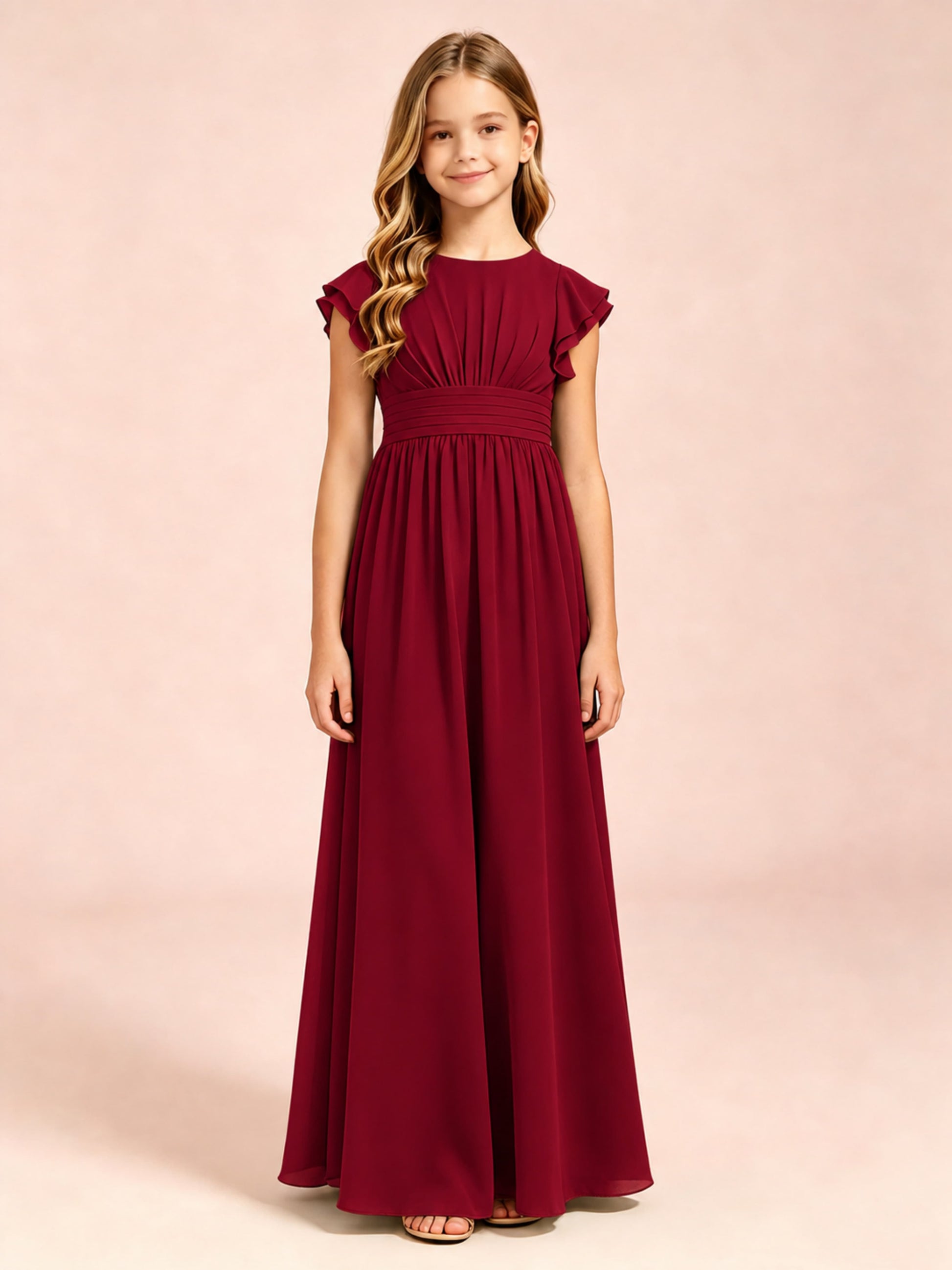 Chiffon Ruffle Cap Sleeve Junior Bridesmaid Dress for Wedding