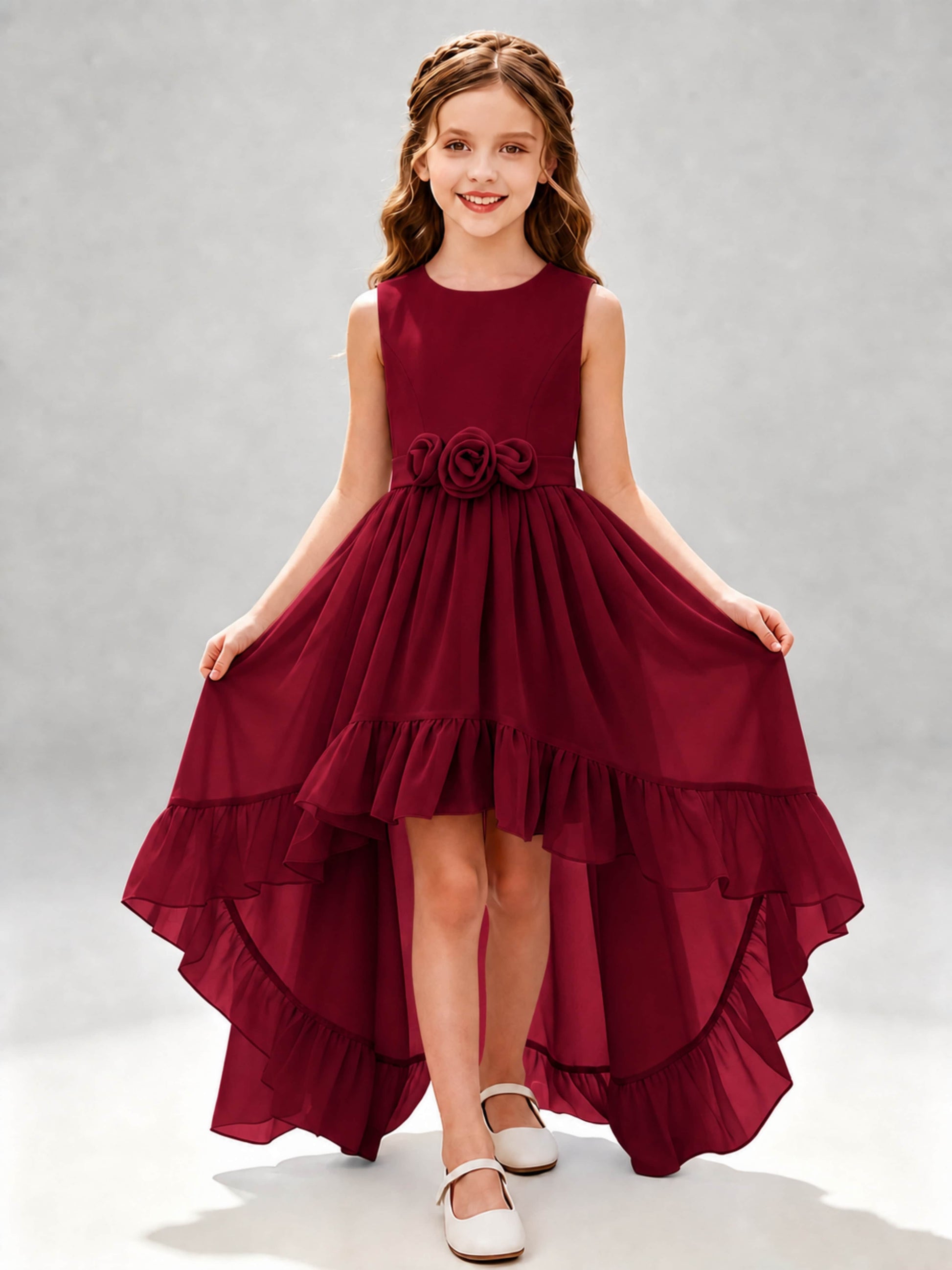Chiffon 3D Flower High Low Junior Bridesmaid Dresses