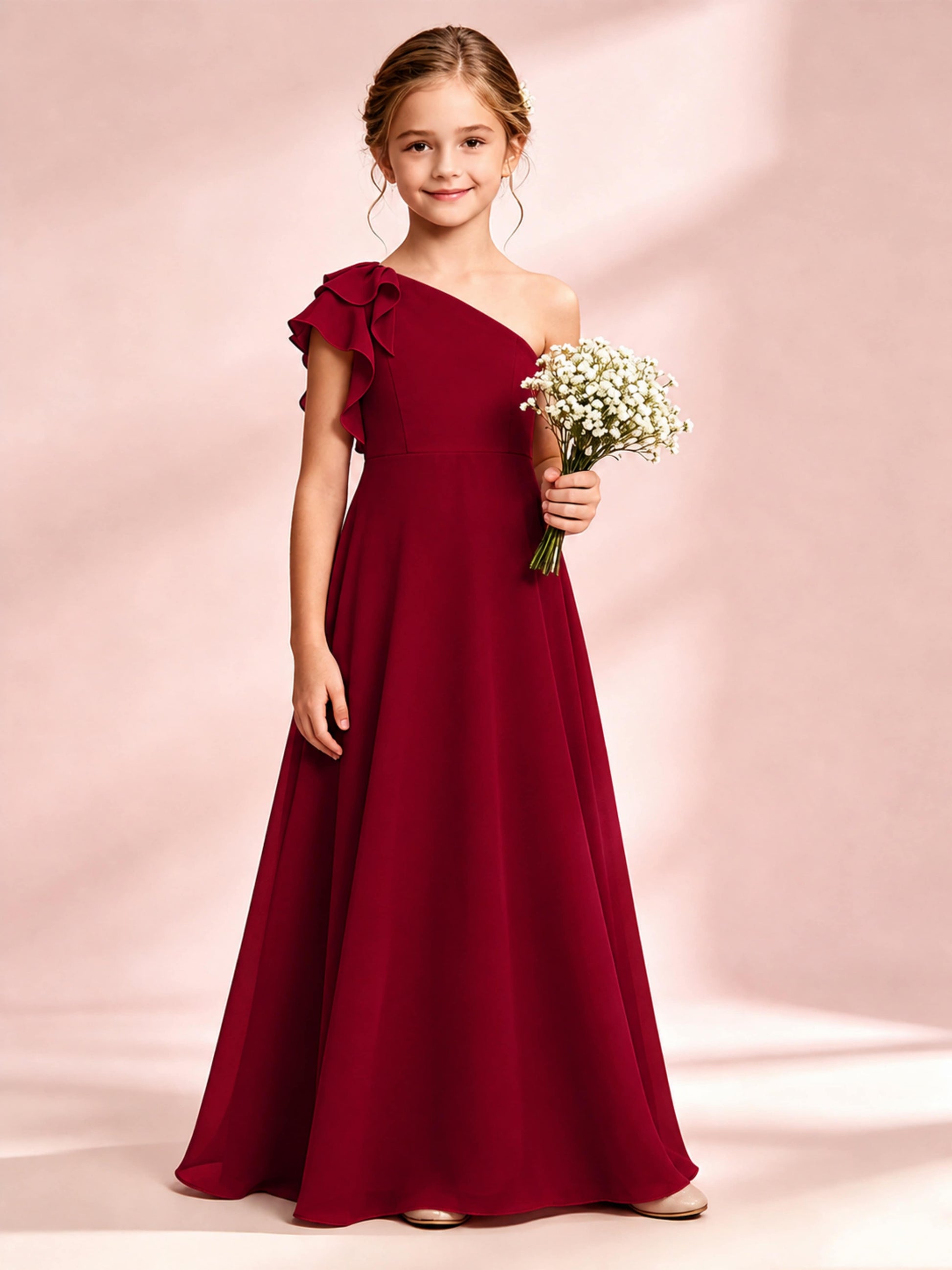 Chiffon Junior Bridesmaid Dress for Wedding One Shoulder Flower Girl Dresses