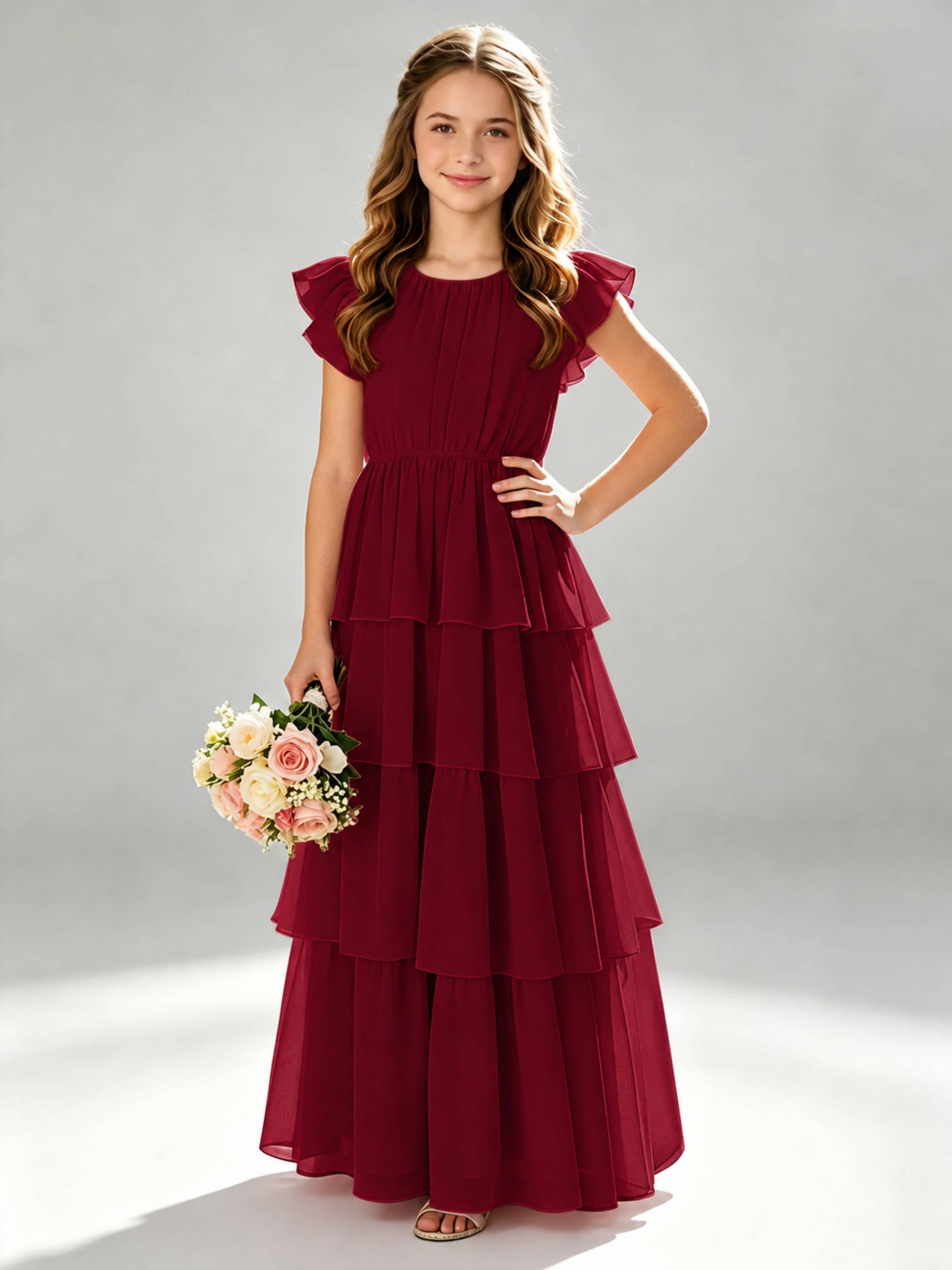 Chiffon Tiered Pleated Long Junior Bridesmaid Dresses
