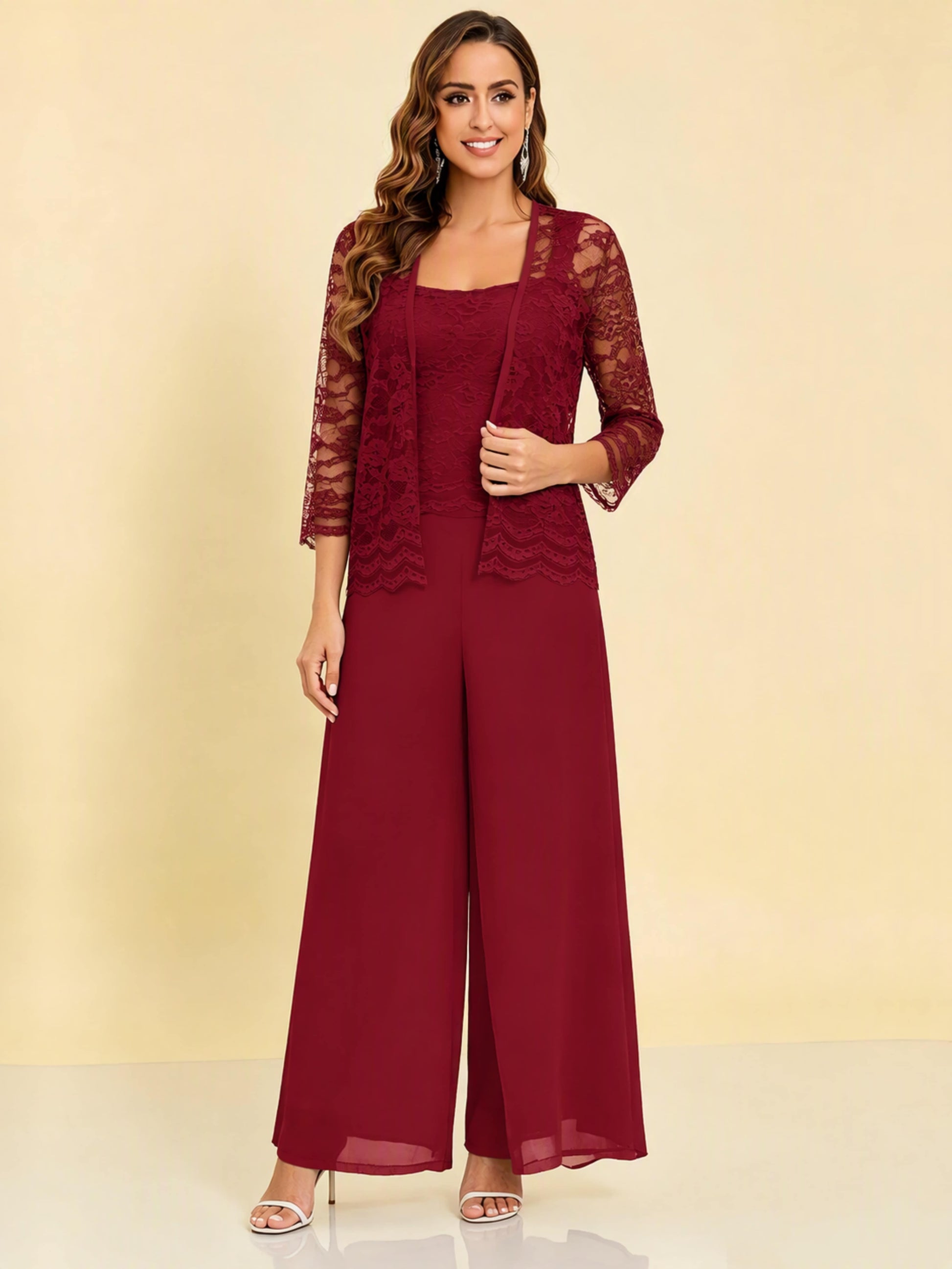 Chiffon Lace Flowy 3 Pieces Mother of The Bride Pant Suits Women Wedding