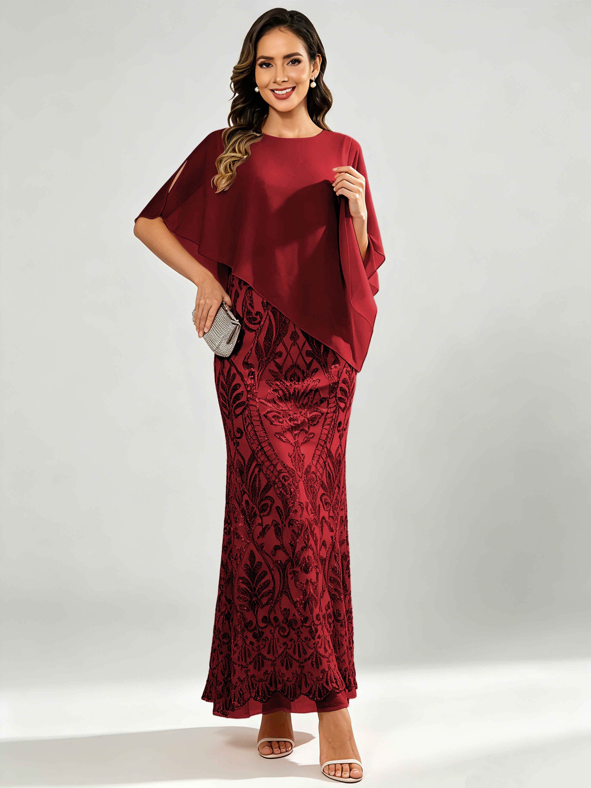 Mermaid Sequin Mother of The Bride Dress with Chiffon Cape