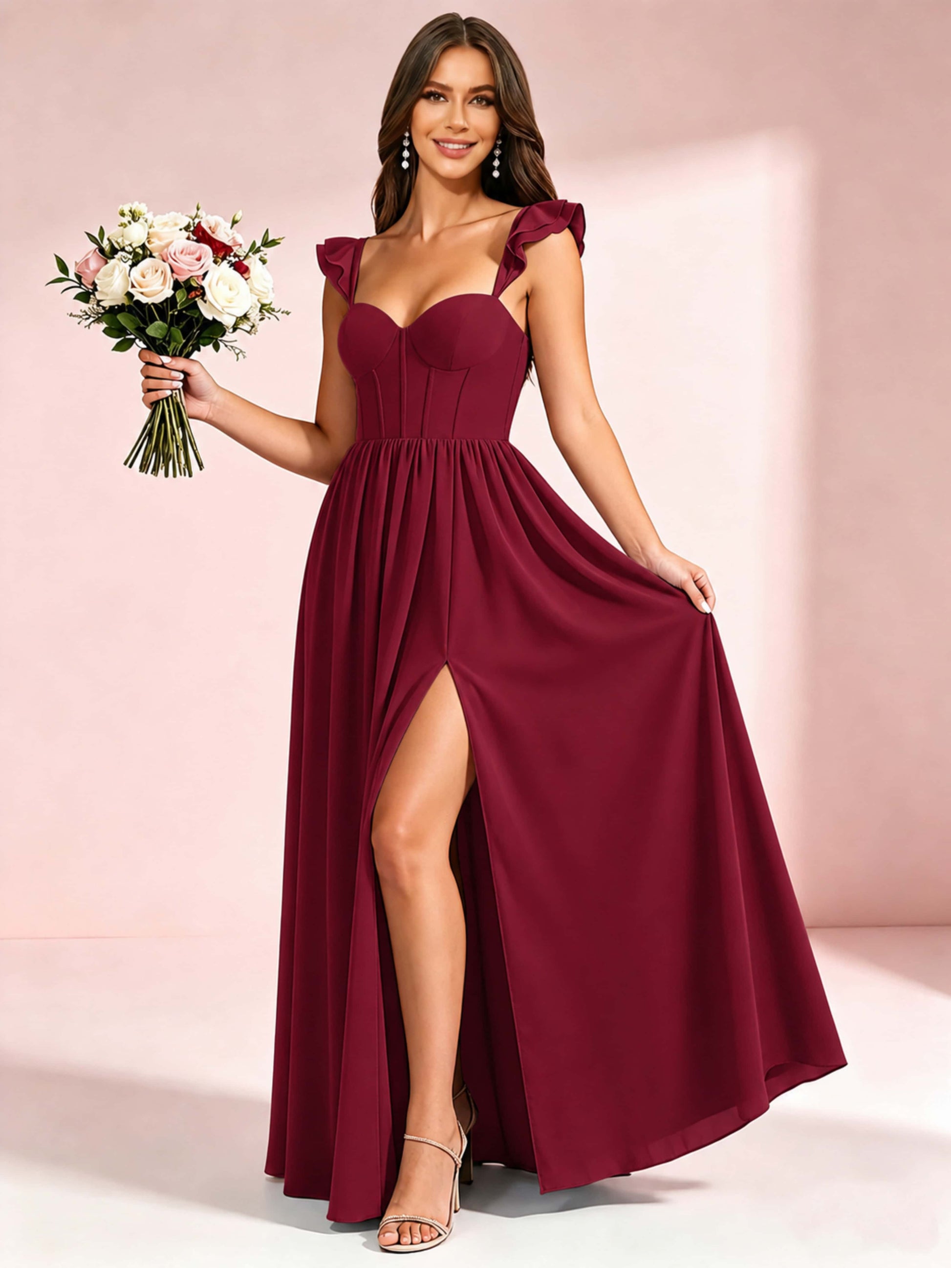 Elegant Chiffon Corset Bridesmaid Dresses with Slit