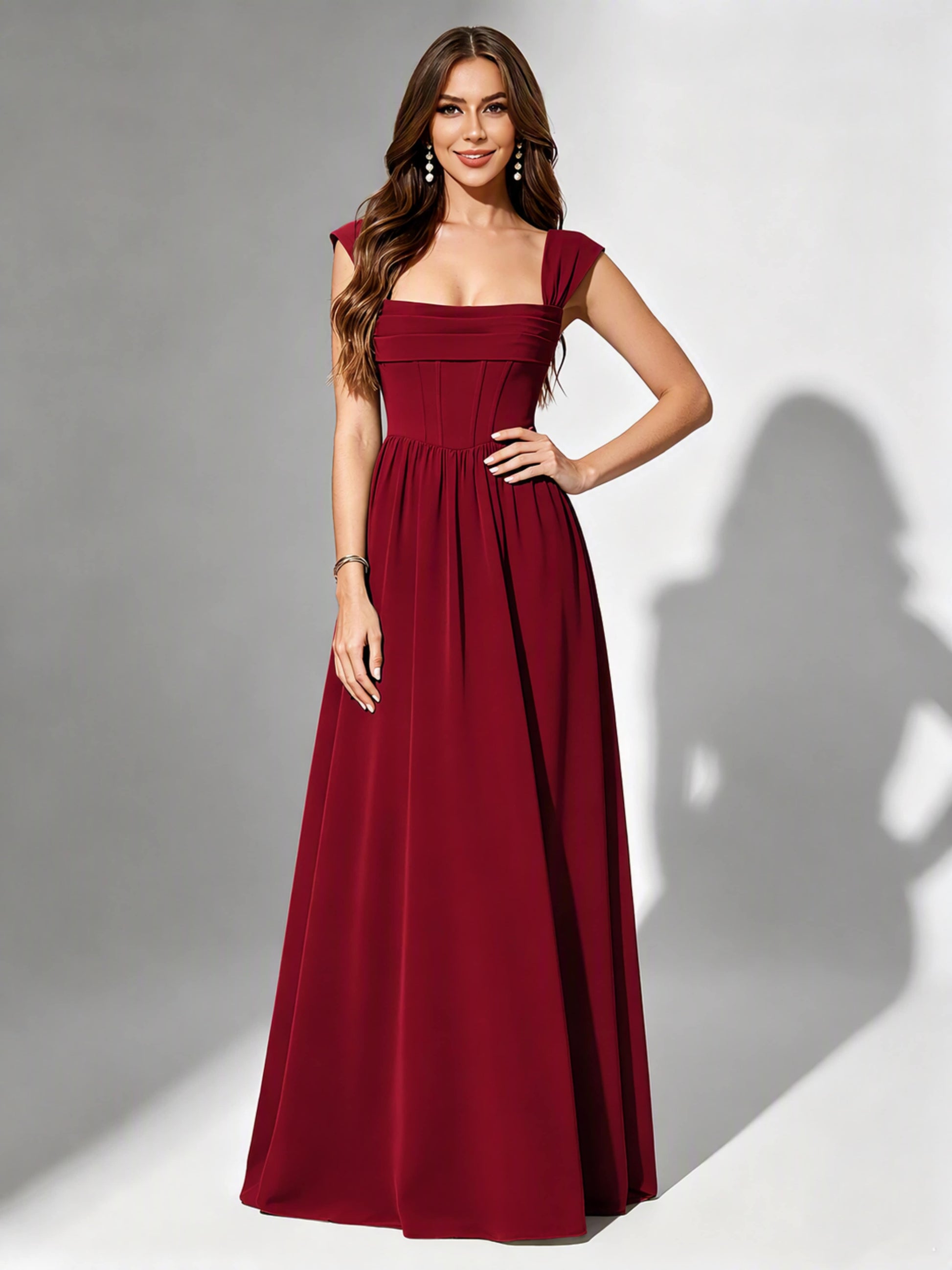 Square Neck Chiffon Bridesmaid Dress Corset Formal Gown