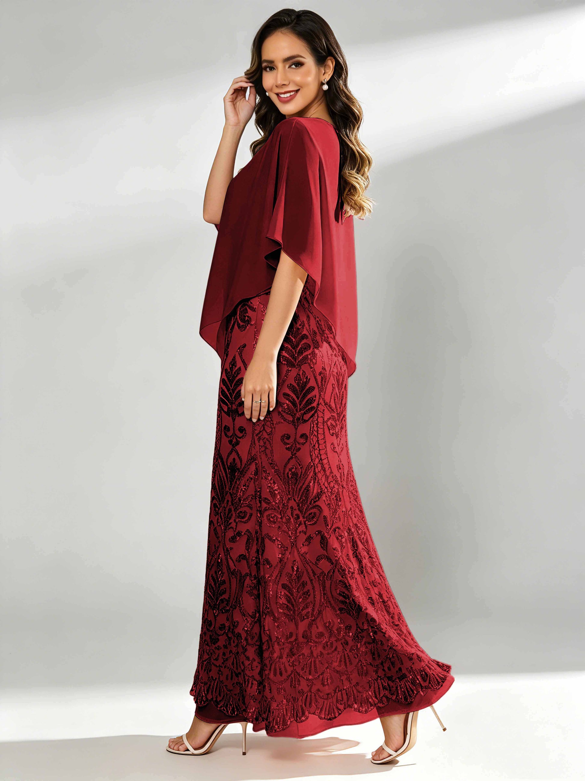 Mermaid Sequin Mother of The Bride Dress with Chiffon Cape