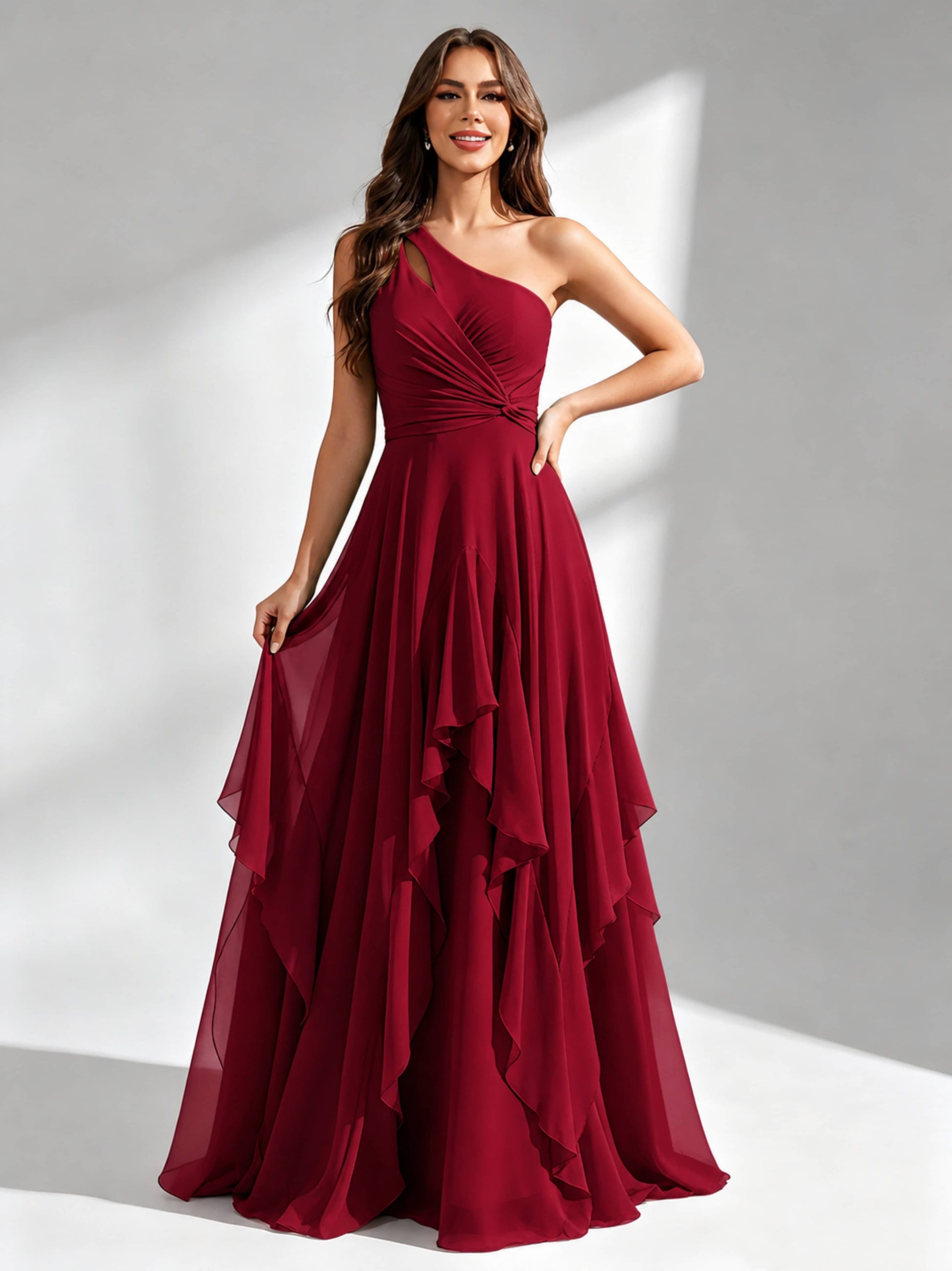 One Shoulder Ruffle Bridesmaid Dresses Formal Evening Gown