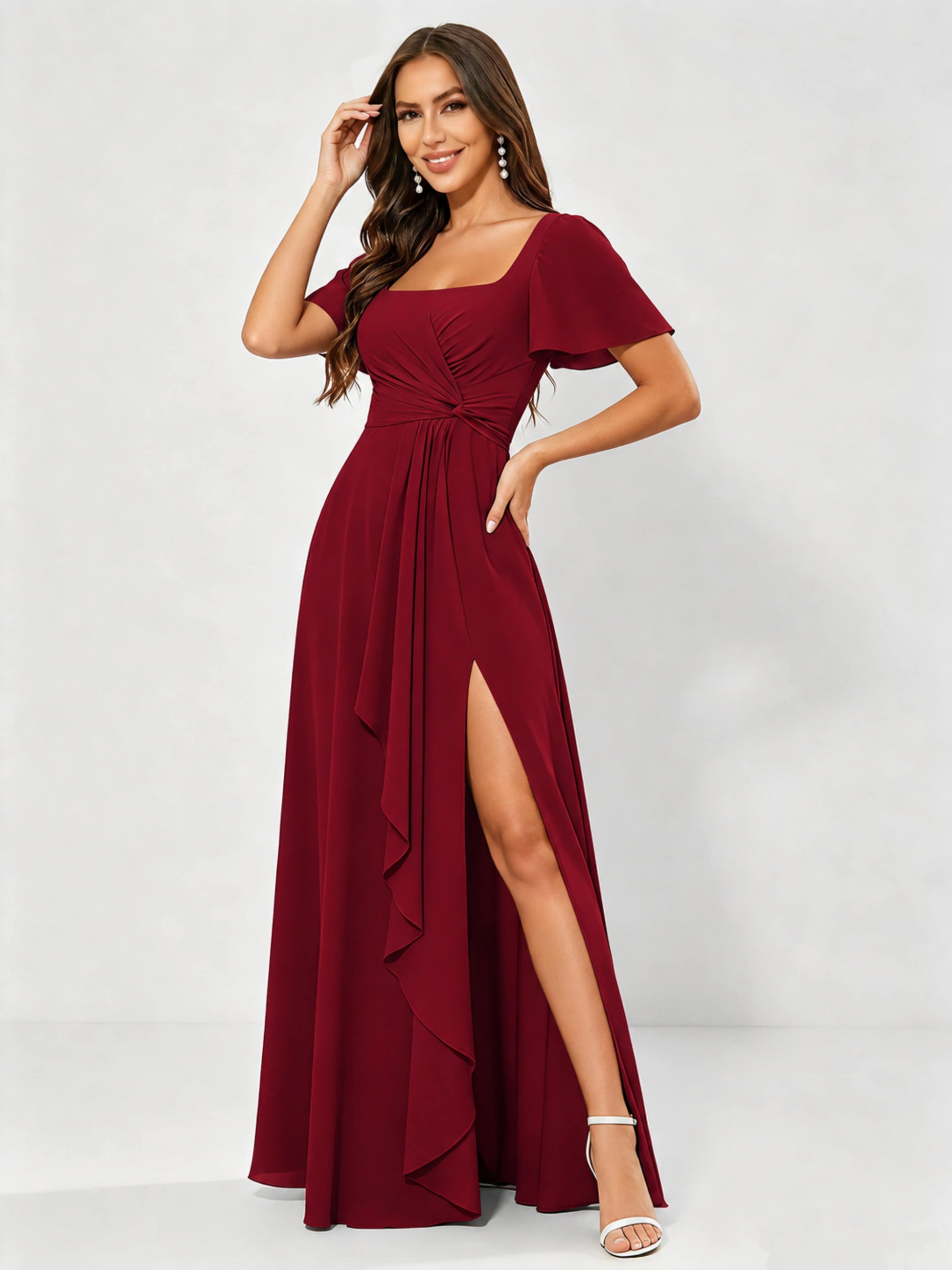 Square Neck Chiffon Ruffle Bridesmaid Dress with Slit