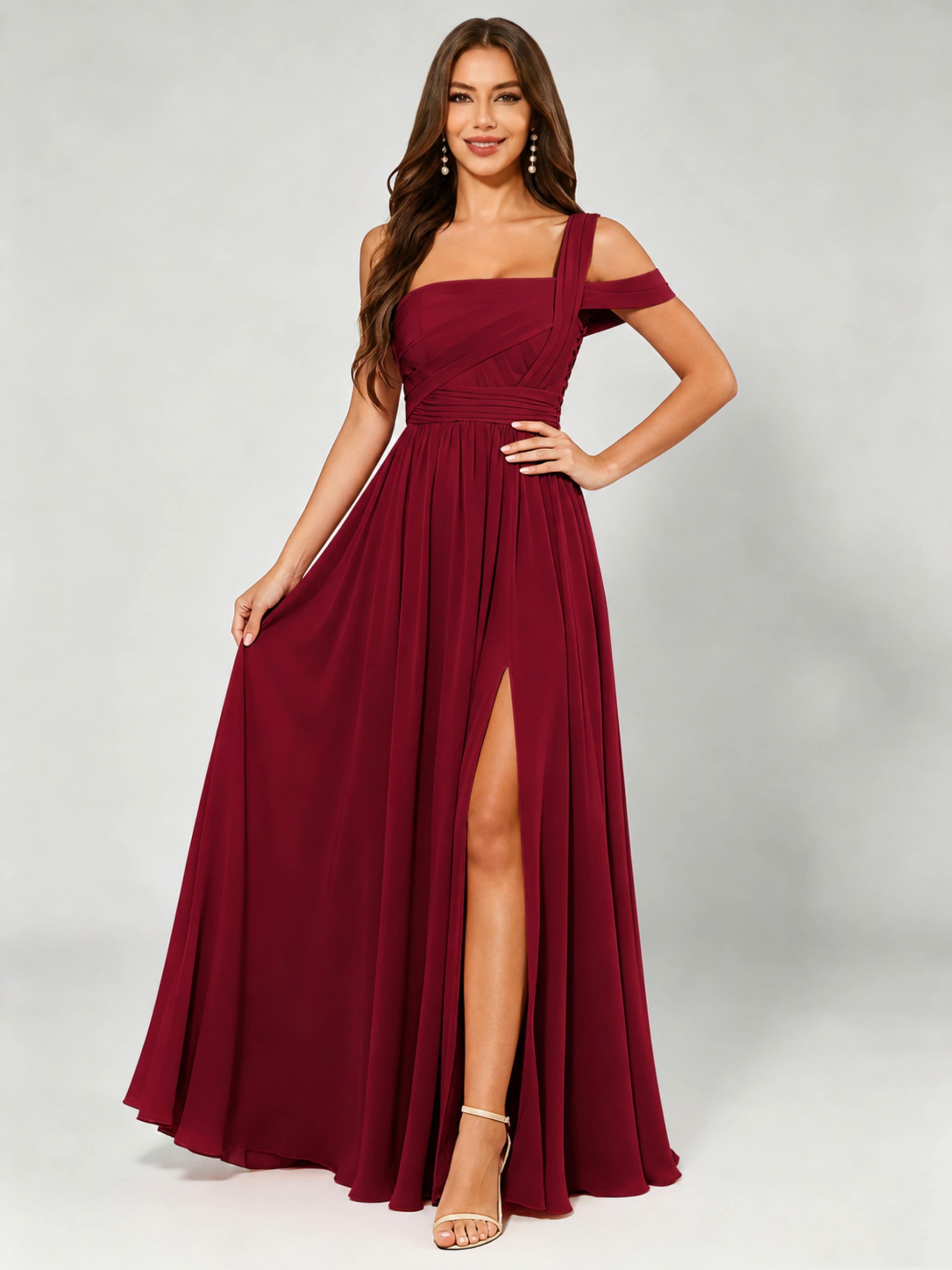 One Shoulder Chiffon Pleated Bridesmaid Dresses for Wedding