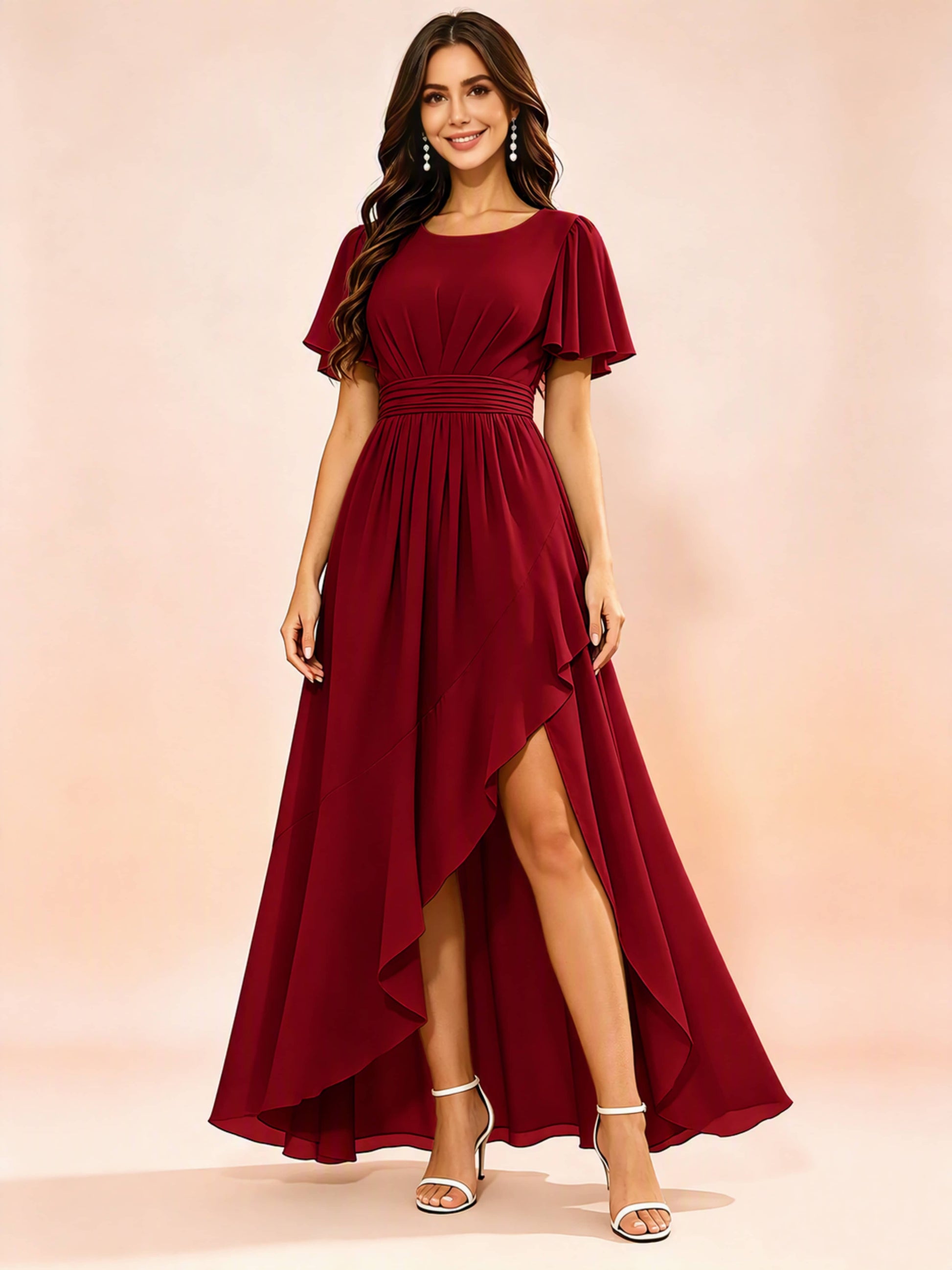 Chiffon High Low Round Neck Bridesmaid / Wedding Guest Dresses