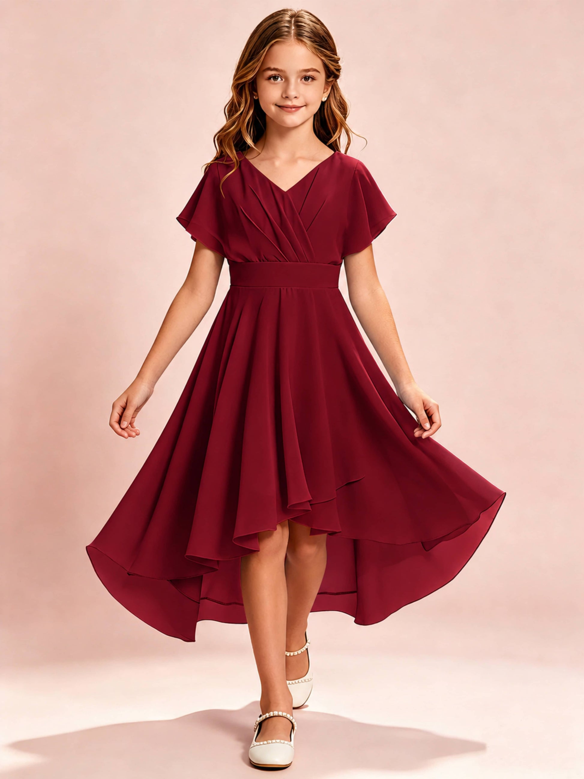 Chiffon High Low Cap Sleeve Junior Bridesmaid Dress for Wedding