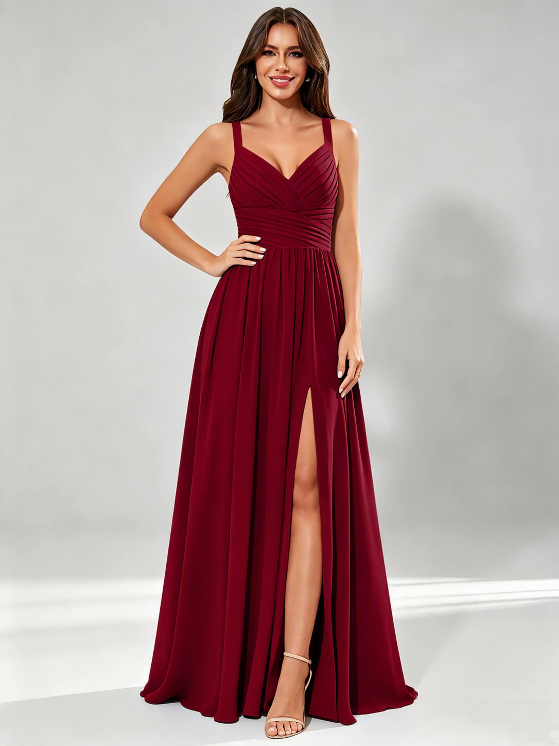 Spaghetti Straps Chiffon Ruched Bust Pleated Bridesmaid Dress for Wedding