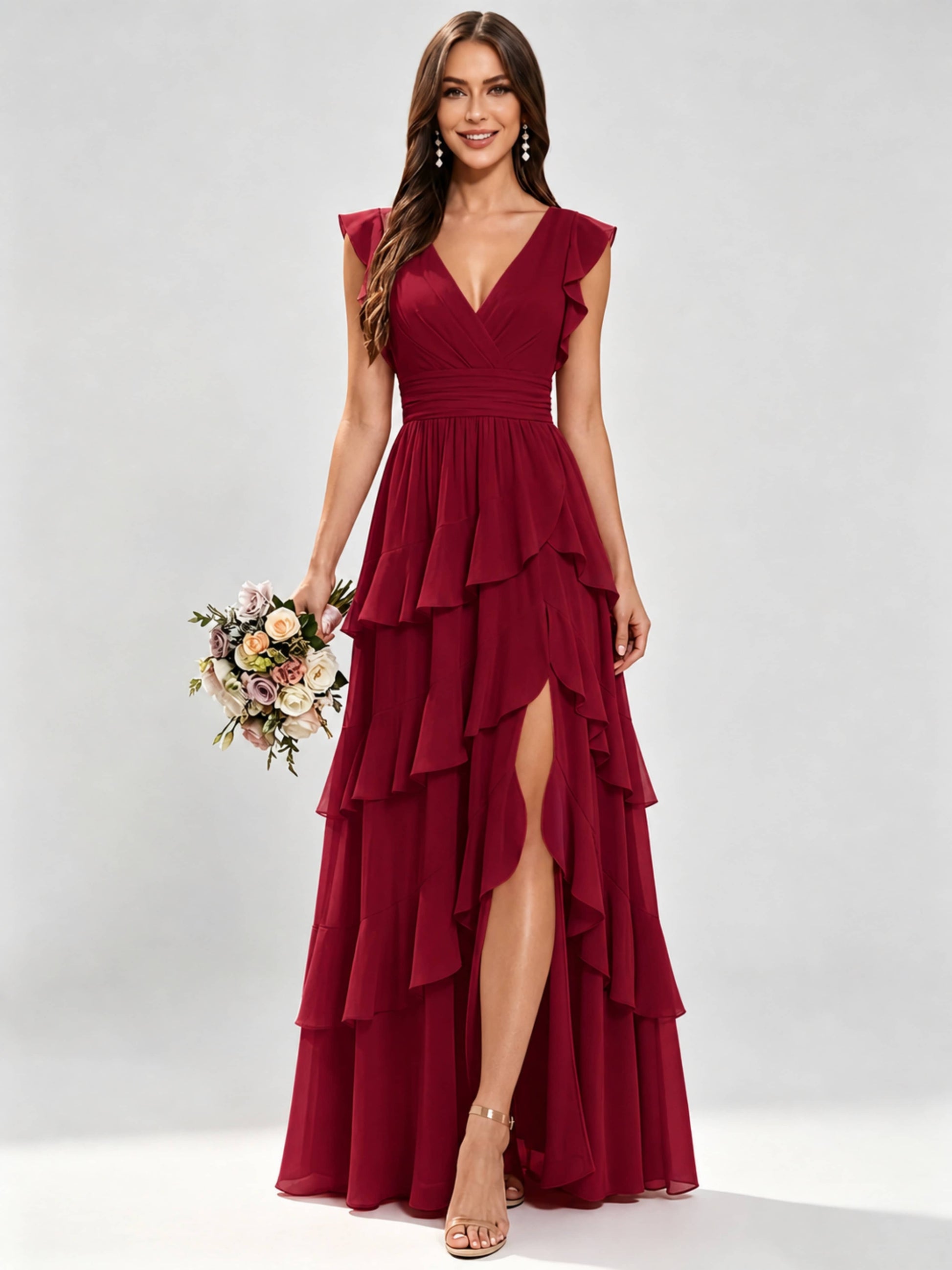 Ruffle Sleeve Tiered Chiffon Bridesmaid Dresses for Wedding with Slit