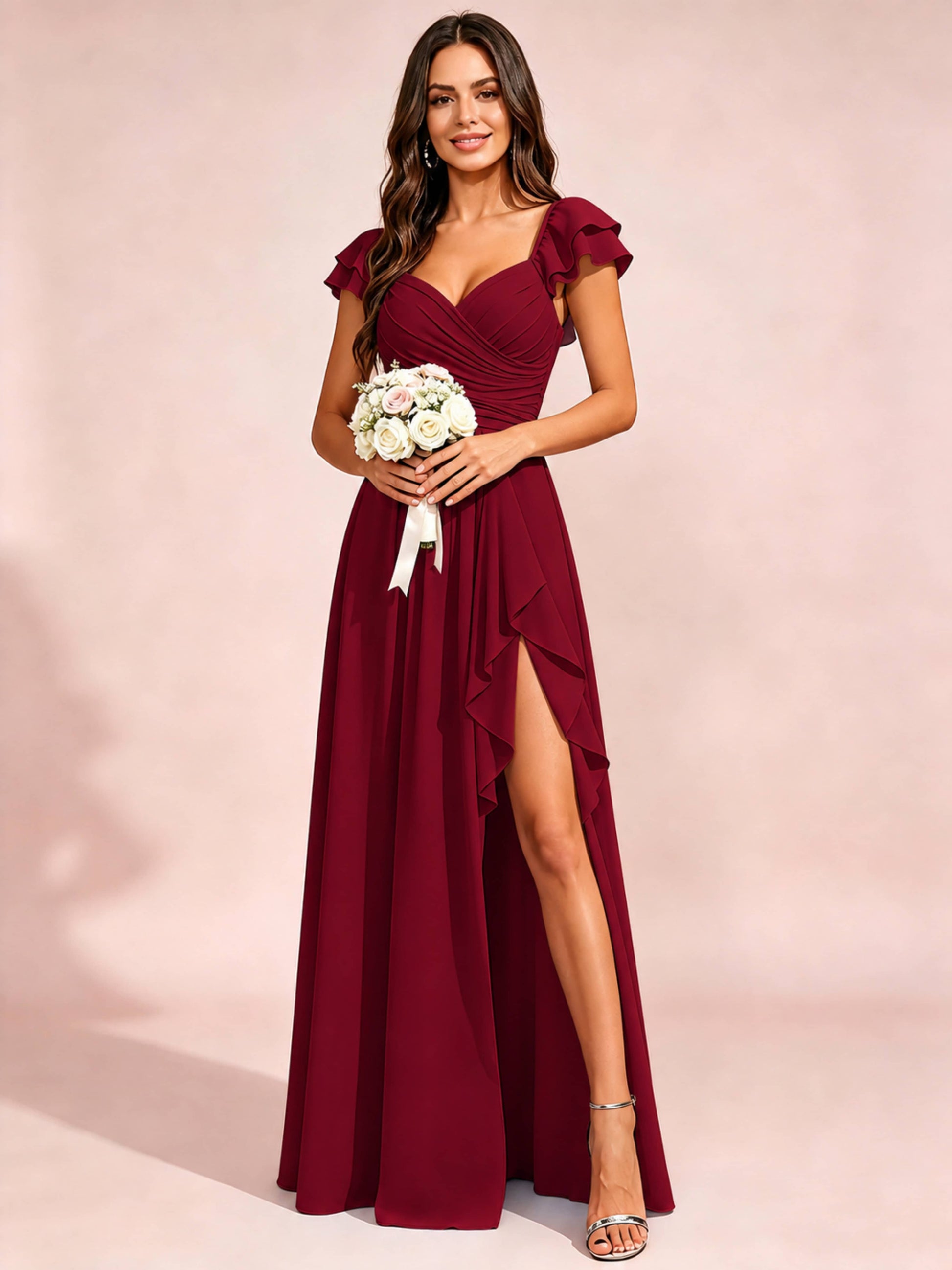 Chiffon Sweetheart Neck Ruched Bust Bridesmaid Dresses with Ruffle Slit